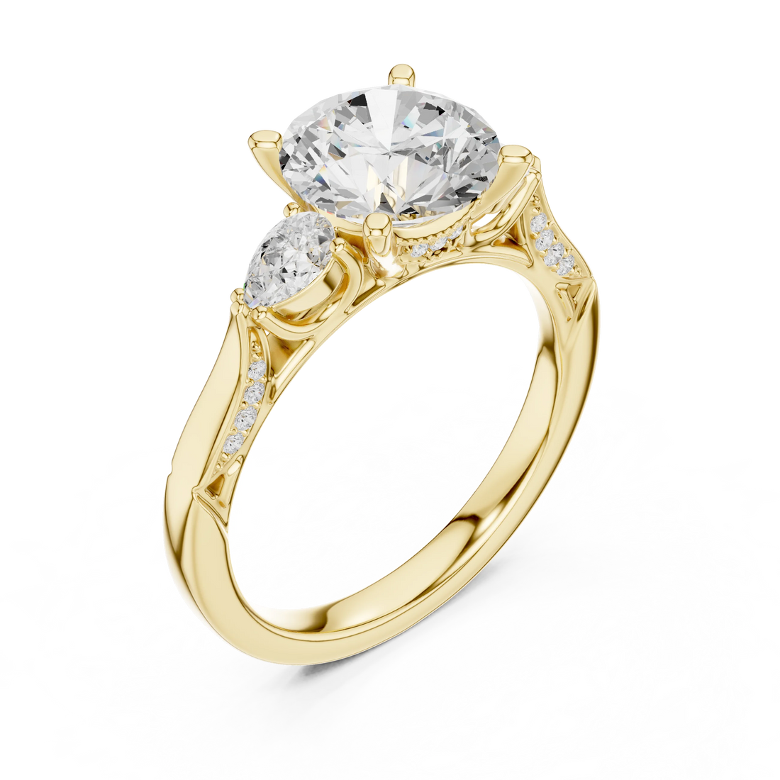 Front view of yellow gold round three stone ring with pear side stones, pave accents and lab-grown diamonds – Australia