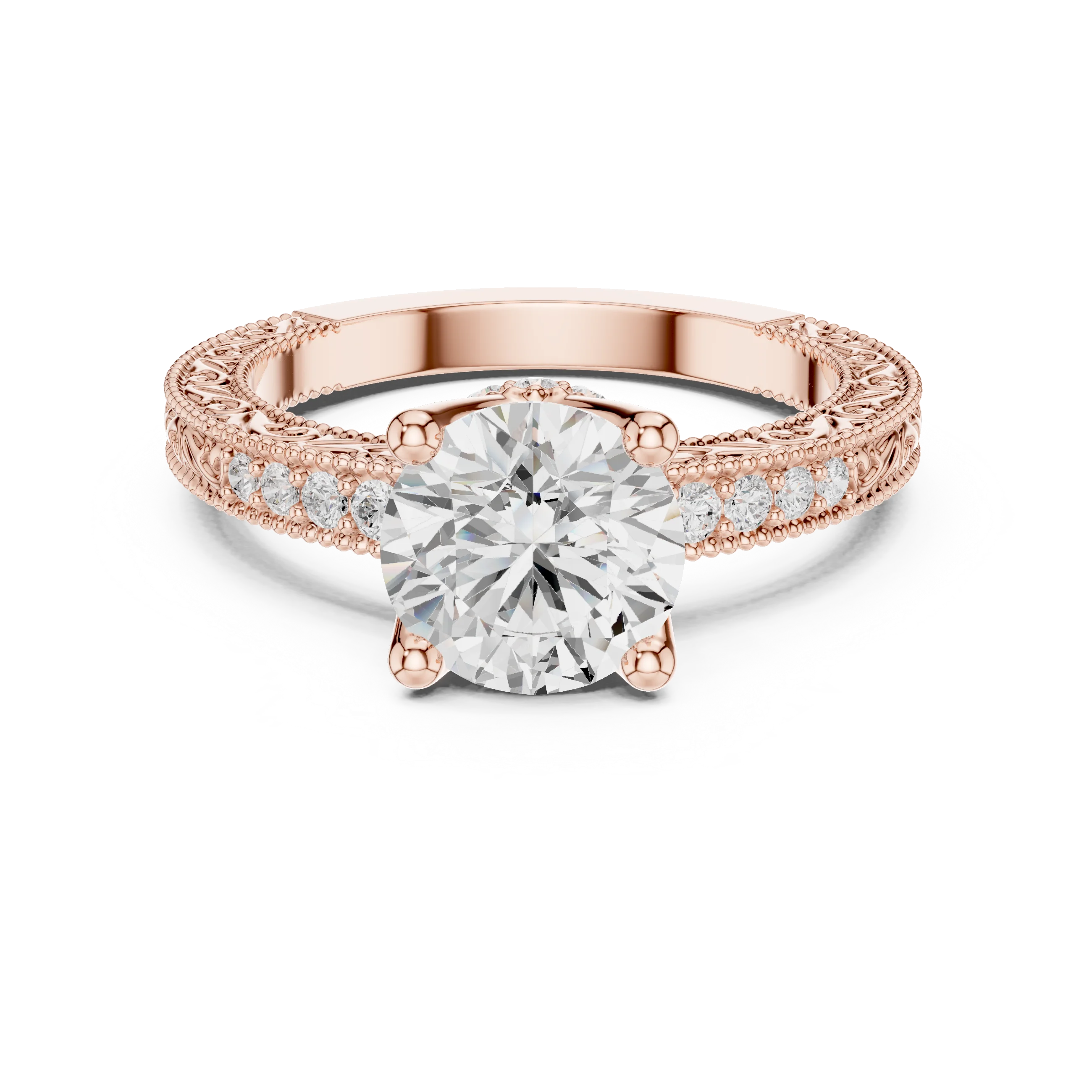 Round vintage filigree ring in rose gold with milgrain, channel set diamond band and lab-grown diamond – Australia