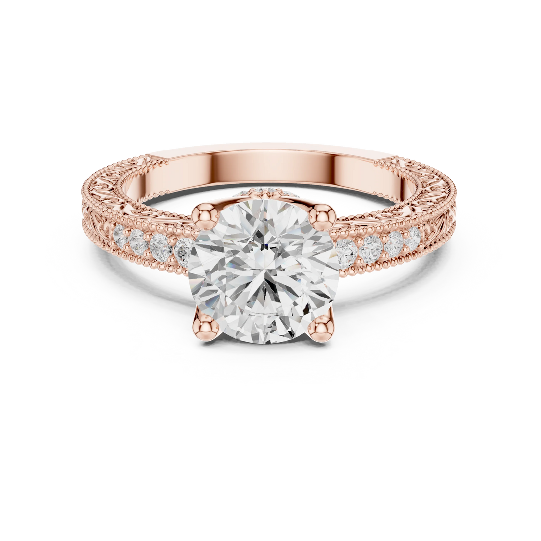 Round vintage filigree ring in rose gold with milgrain, channel set diamond band and lab-grown diamond – Australia