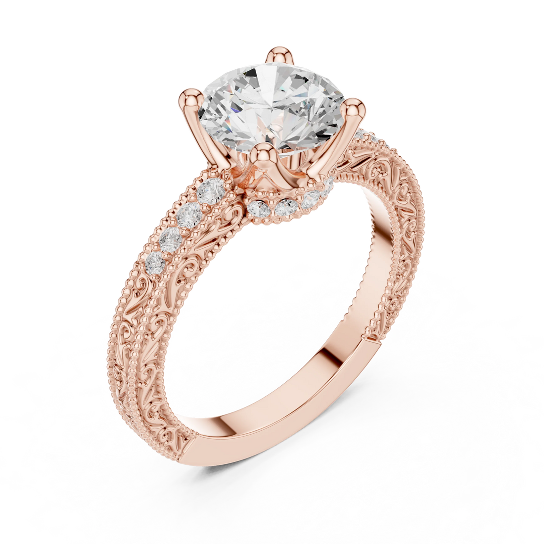 Front view of rose gold round vintage filigree ring with milgrain, channel set diamond band and lab-grown diamond – Australia