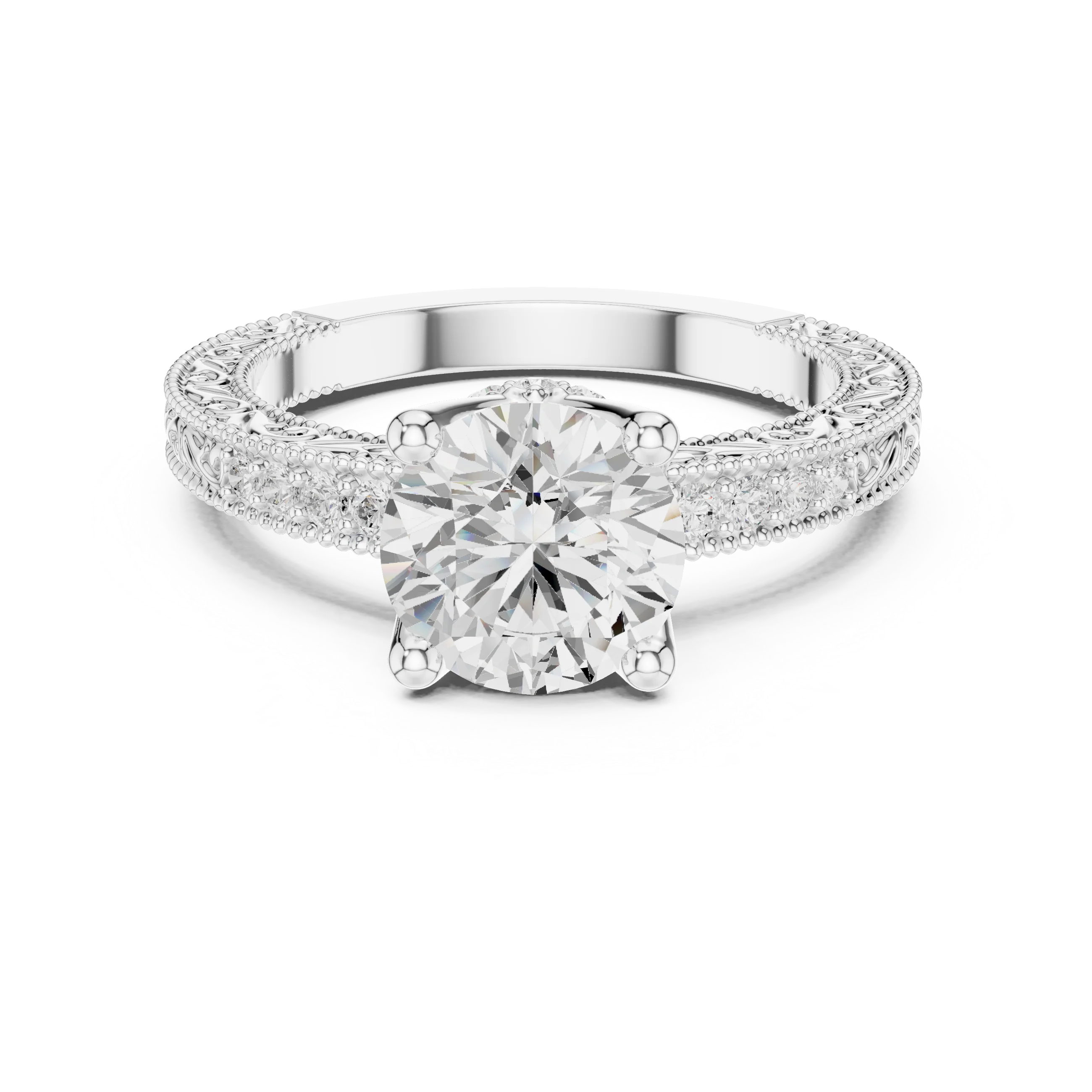 Round vintage filigree ring in white gold with milgrain, channel set diamond band and lab-grown diamond – Australia
