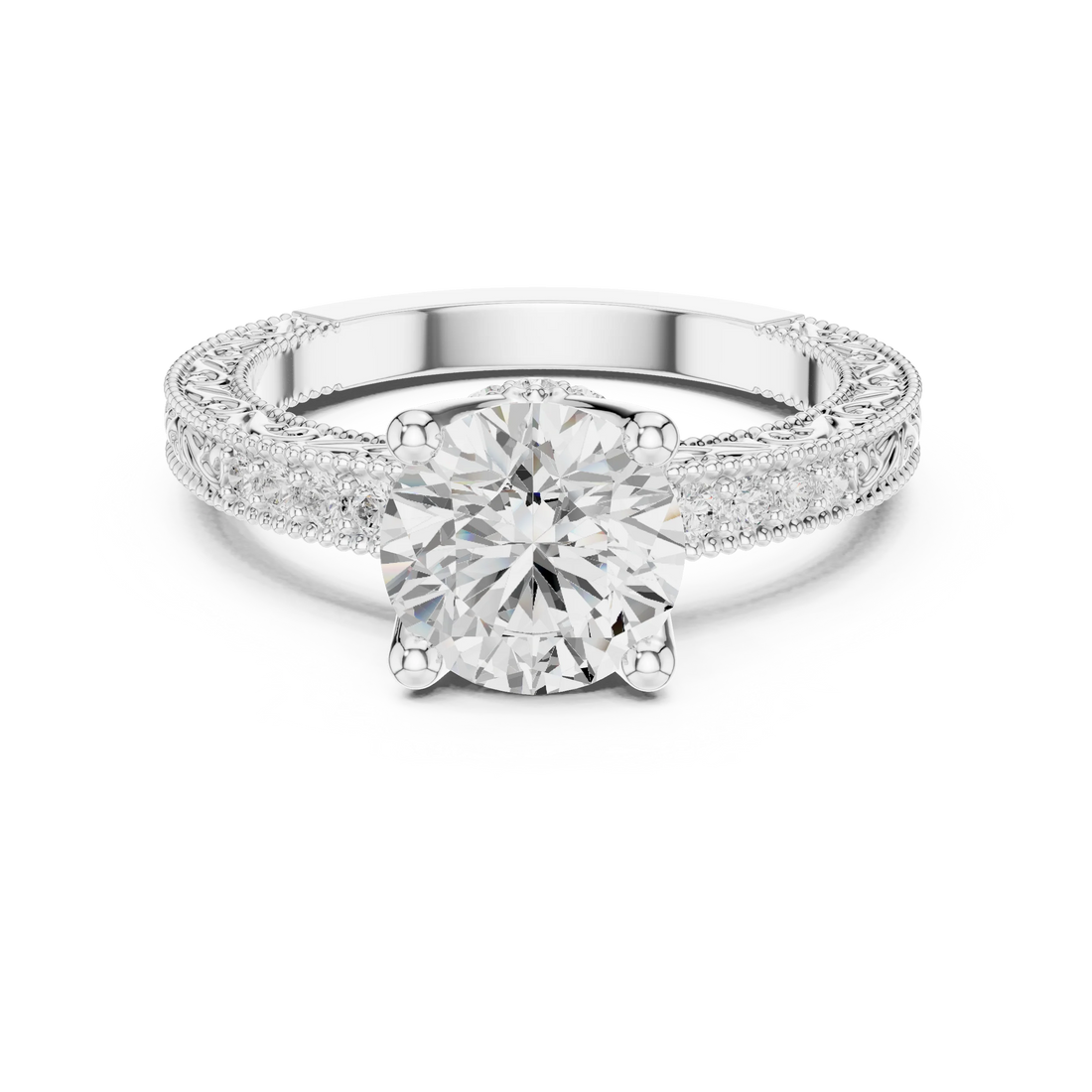 Round vintage filigree ring in white gold with milgrain, channel set diamond band and lab-grown diamond – Australia