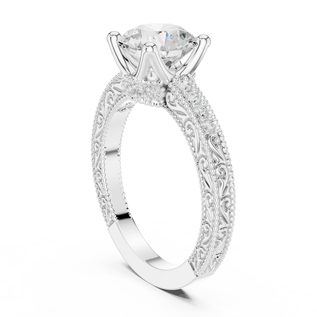 Back view of white gold round vintage filigree ring with milgrain, channel set diamond band and lab-grown diamond – Australia
