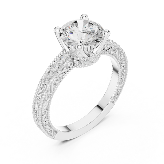 Front view of white gold round vintage filigree ring with milgrain, channel set diamond band and lab-grown diamond – Australia