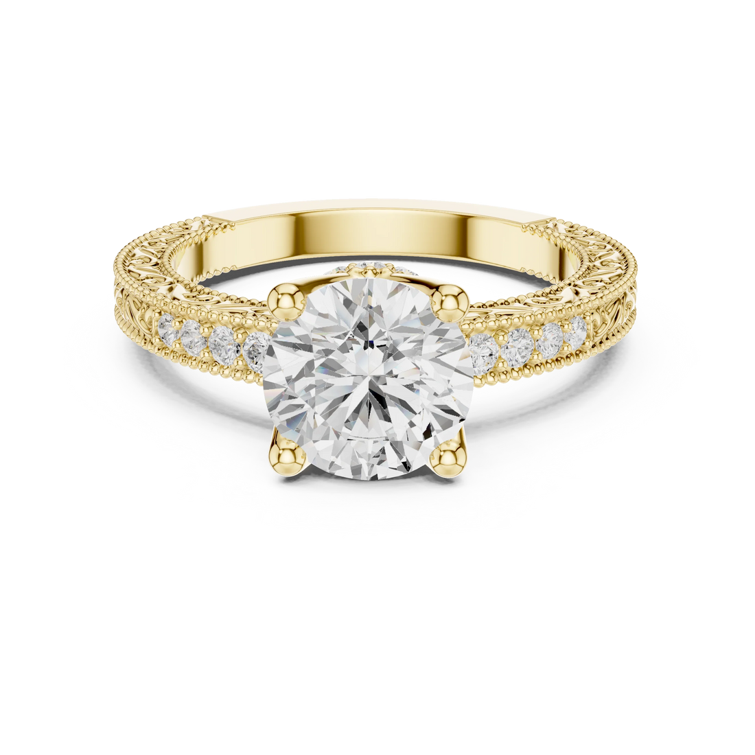 Round vintage filigree ring in yellow gold with milgrain, channel set diamond band and lab-grown diamond – Australia