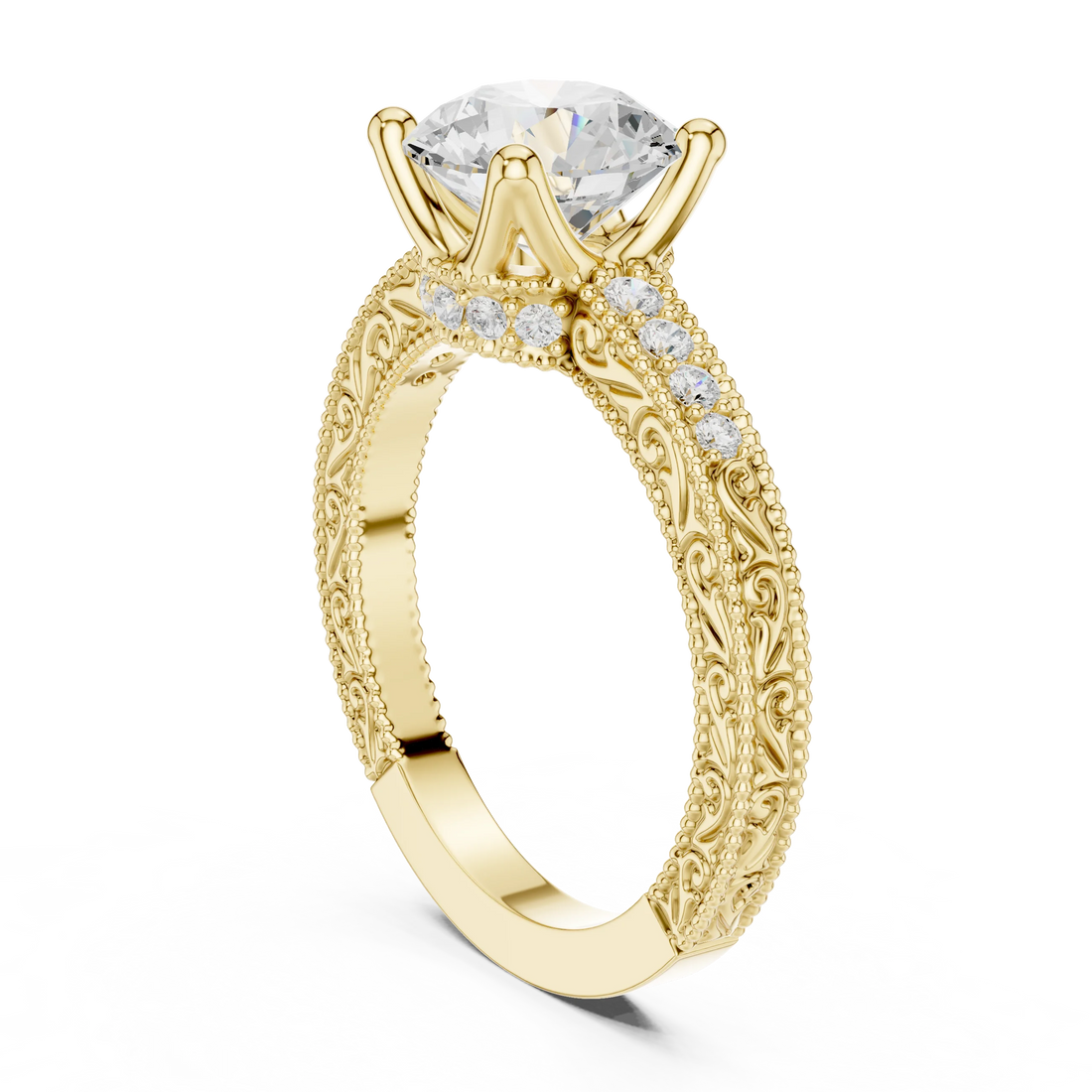 Back view of yellow gold round vintage filigree ring with milgrain, channel set diamond band and lab-grown diamond – Australia