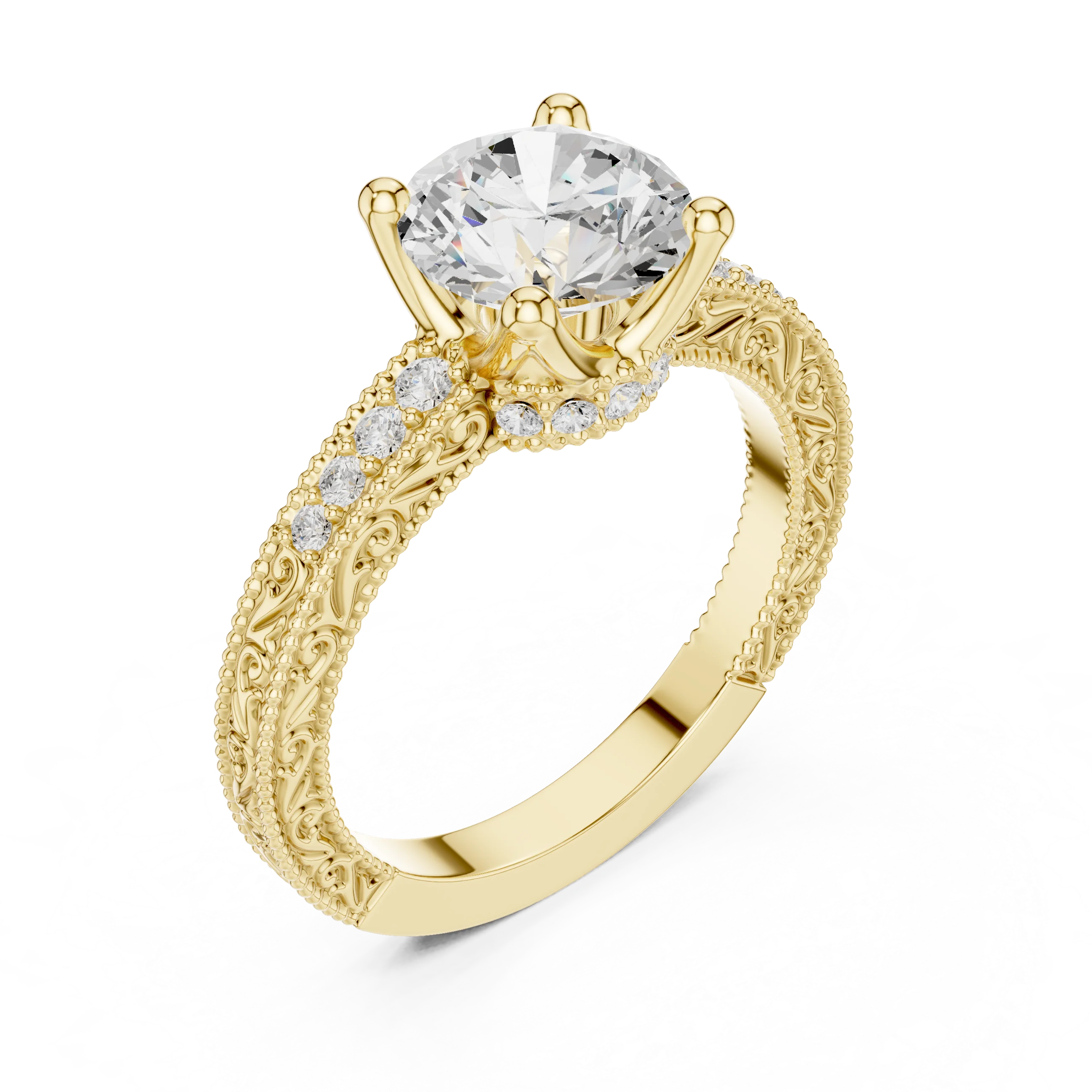 Front view of yellow gold round vintage filigree ring with milgrain, channel set diamond band and lab-grown diamond – Australia