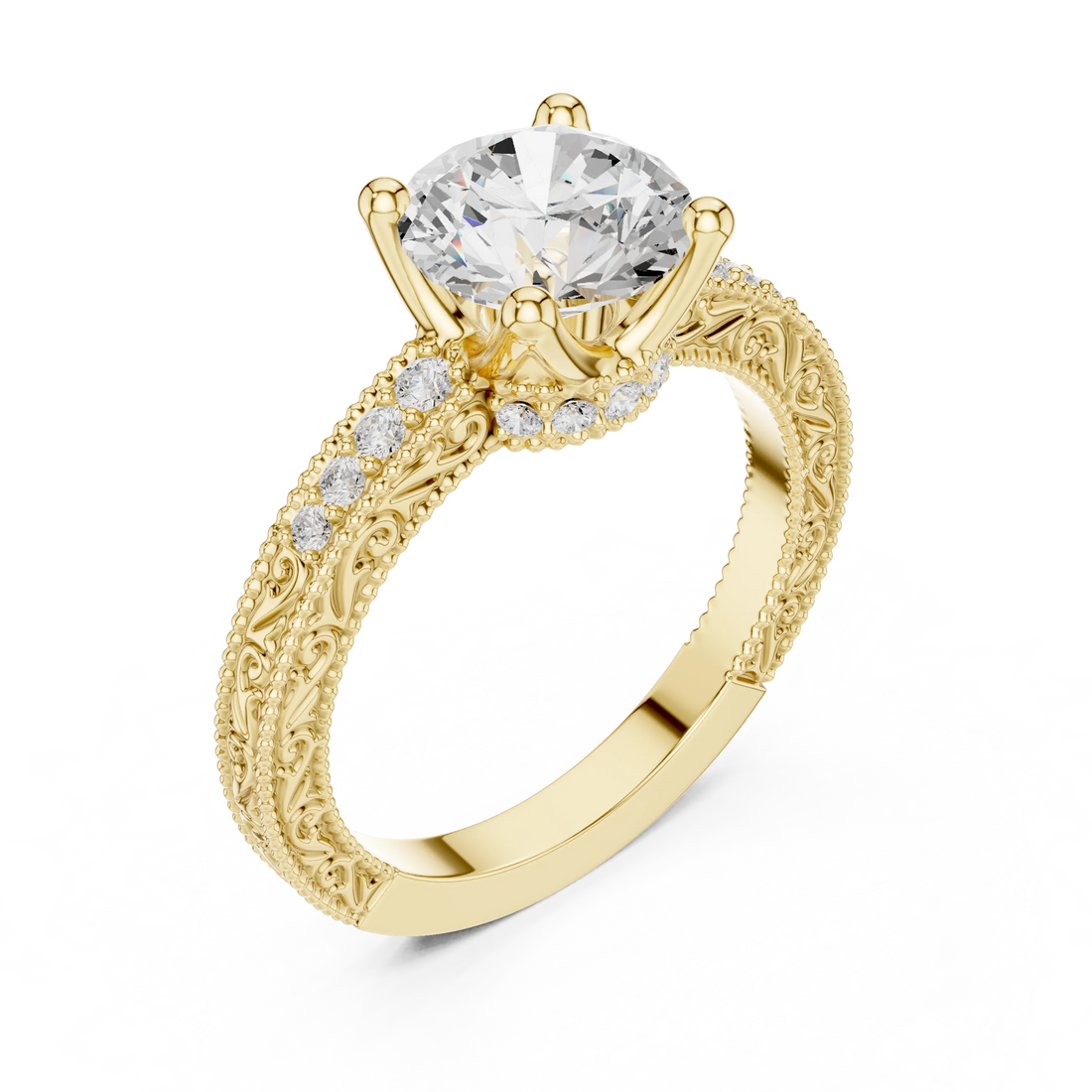 Front view of yellow gold round vintage filigree ring with milgrain, channel set diamond band and lab-grown diamond – Australia