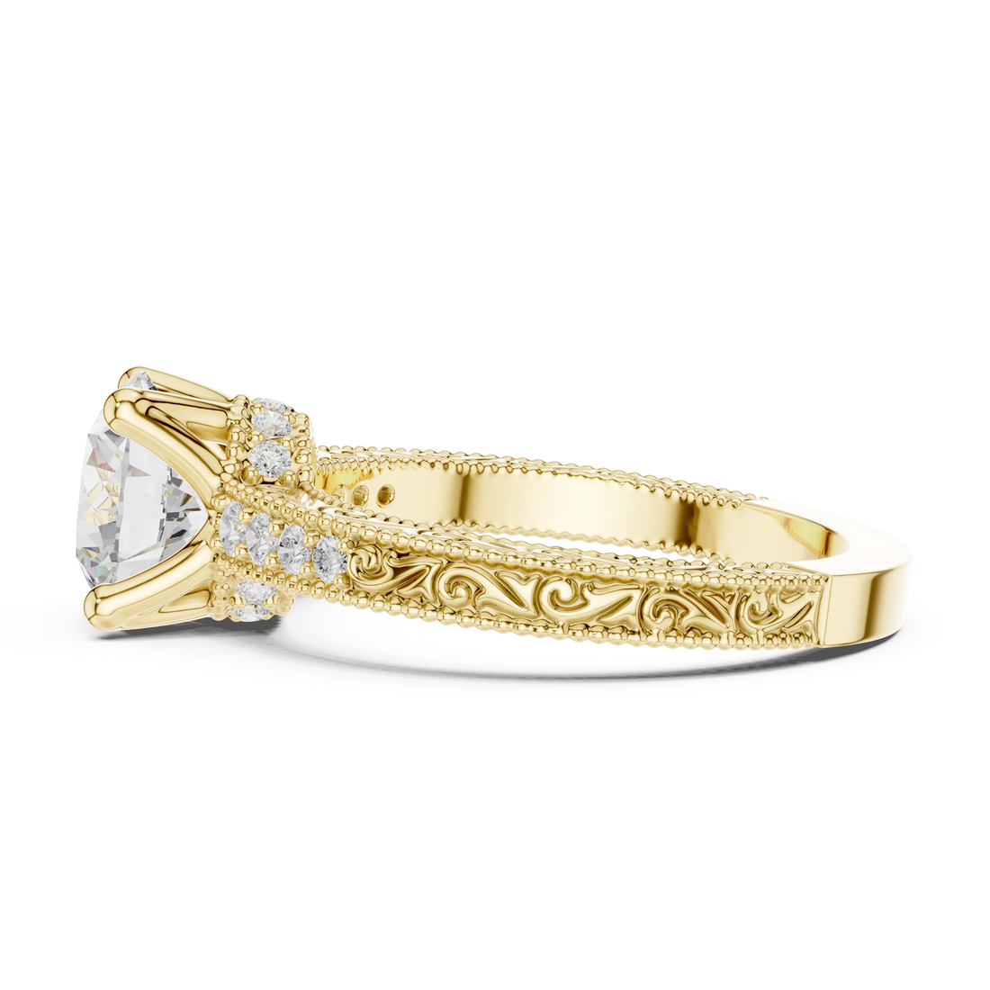 Side view of yellow gold round vintage filigree ring with milgrain, channel set diamond band and lab-grown diamond – Australia