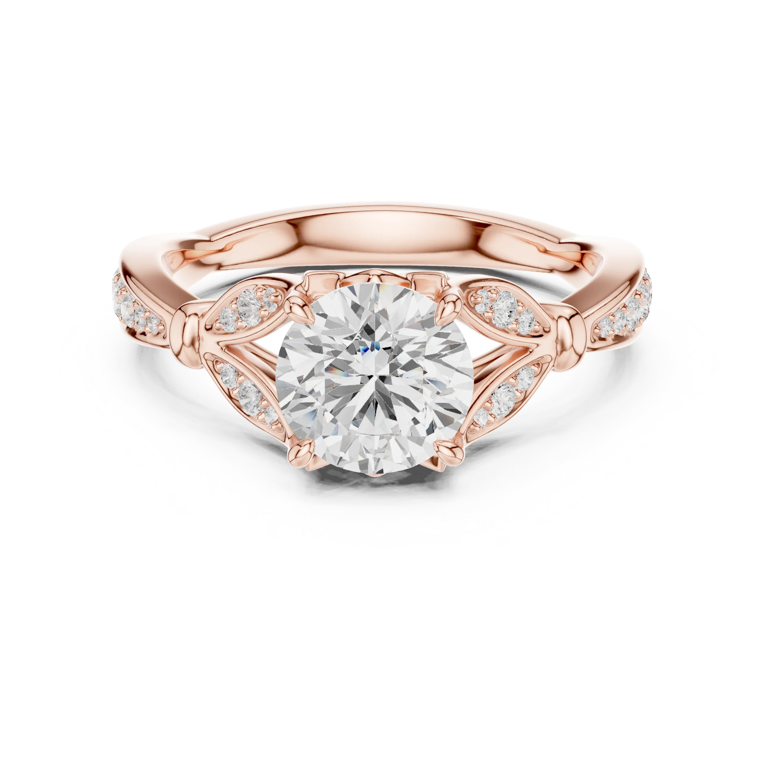 Round vintage floral leaf ring in rose gold with pave diamond band and lab-grown diamond – Australia