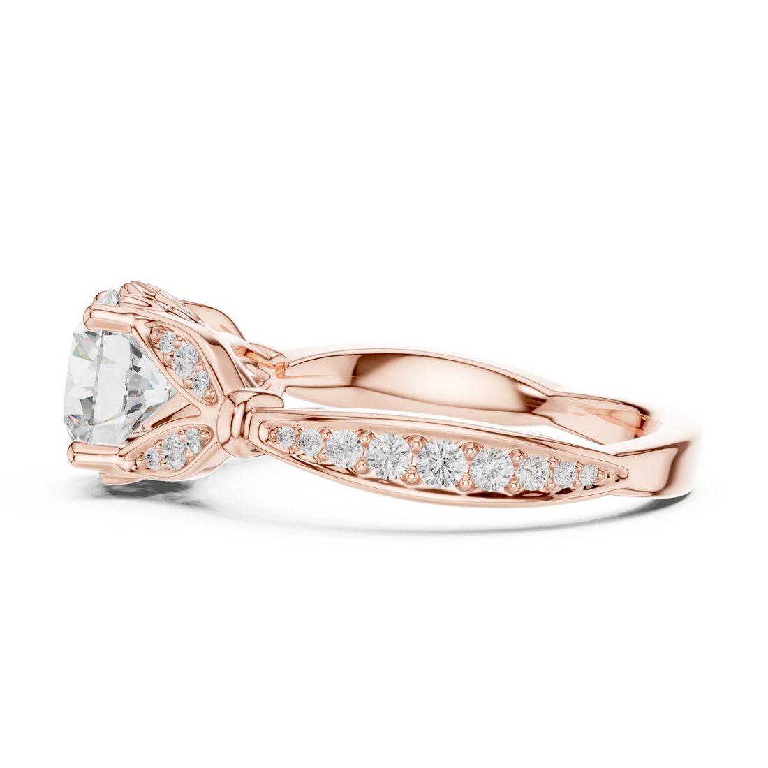 Side view of rose gold round vintage floral leaf ring with pave diamond band and lab-grown diamond – Australia