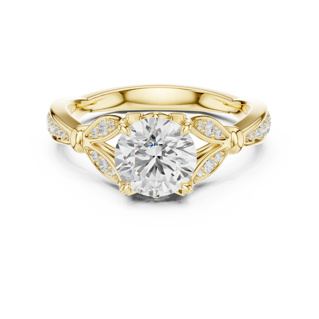 Round vintage floral leaf ring in yellow gold with pave diamond band and lab-grown diamond – Australia