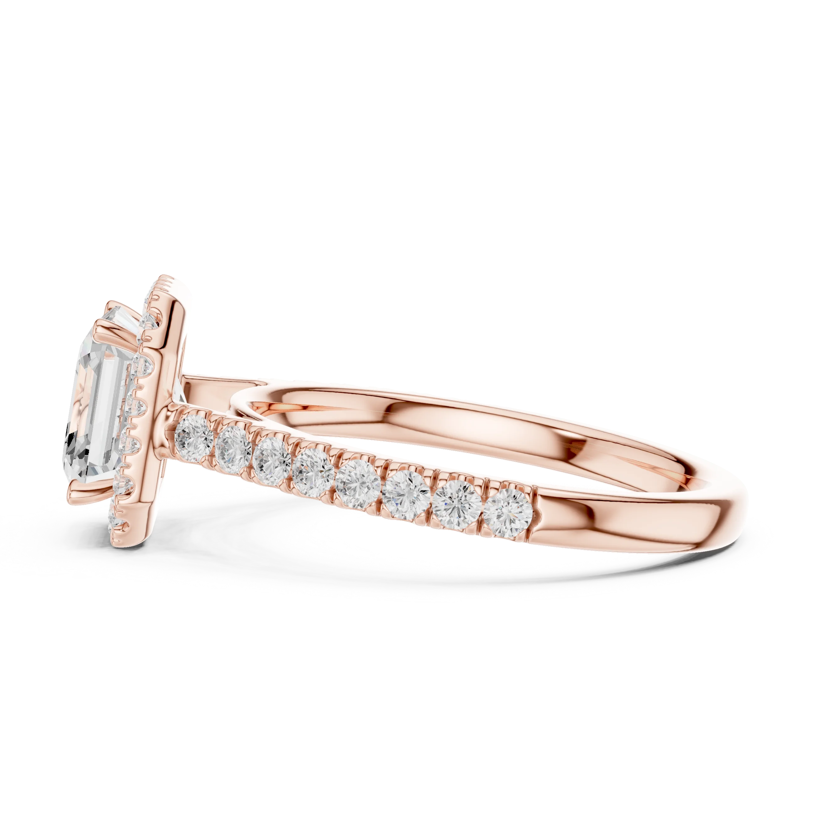 Side view of rose gold Asscher cut diamond ring with royal halo setting showcasing elegant band and elevated center stone