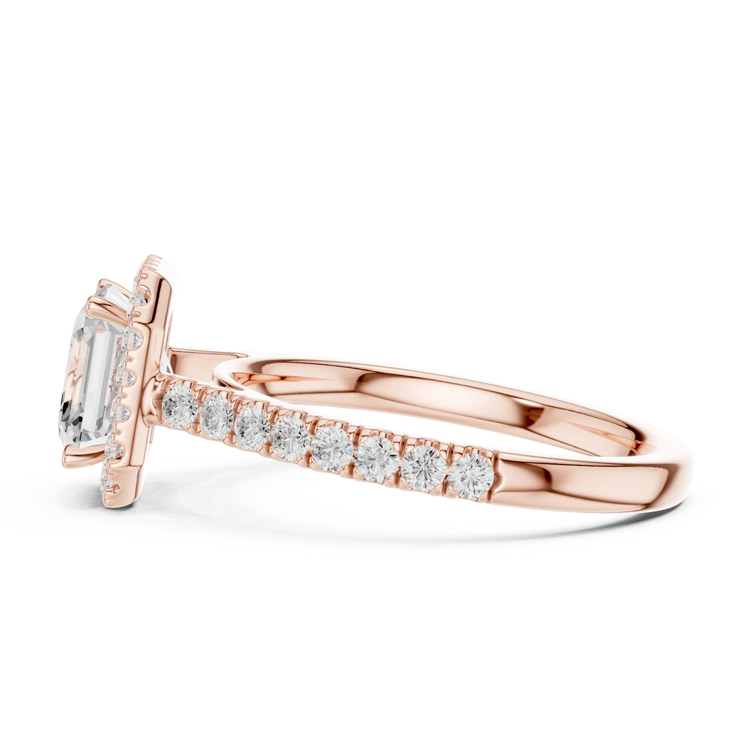 Side view of rose gold Asscher cut diamond ring with royal halo setting showcasing elegant band and elevated center stone