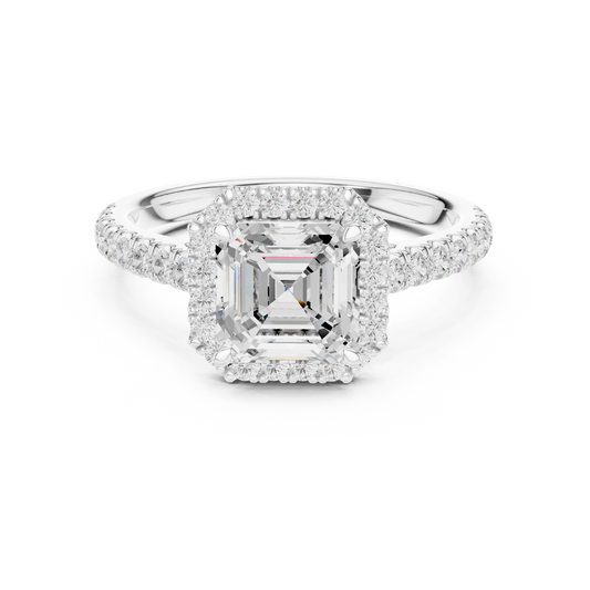 Front view of white gold royal halo Asscher cut diamond ring with lab-grown center stone surrounded by halo diamonds, vintage geometric elegance