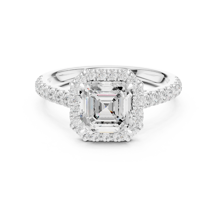 Front view of white gold royal halo Asscher cut diamond ring with lab-grown center stone surrounded by halo diamonds, vintage geometric elegance