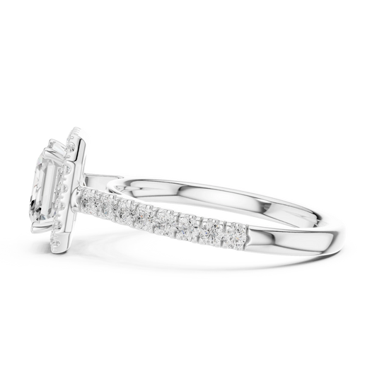 Side view of white gold Asscher cut diamond ring with royal halo setting showing elevated center stone and structured band profile