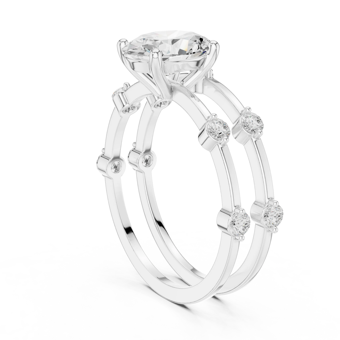 Split shank white gold ring with center oval lab-grown diamond and side stones back view