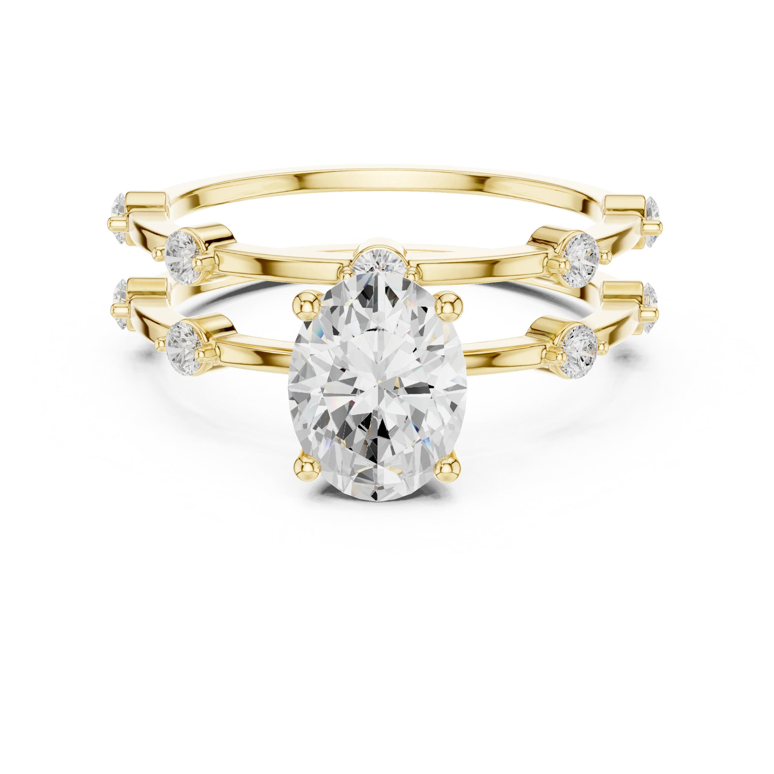 Split shank yellow gold ring with center oval lab-grown diamond and side stones