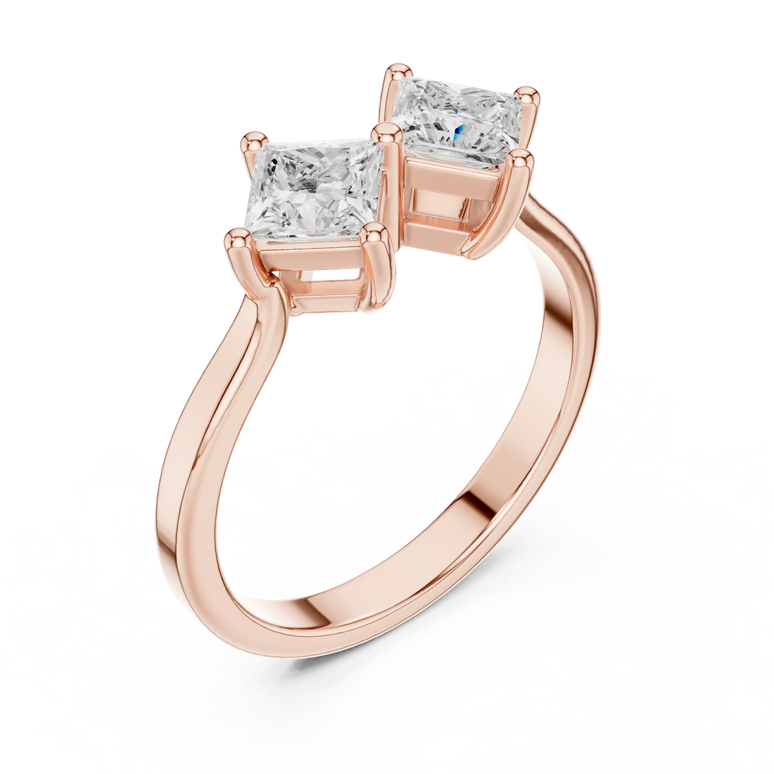 Front view of rose gold Toi et Moi ring featuring double princess cut lab-grown diamonds