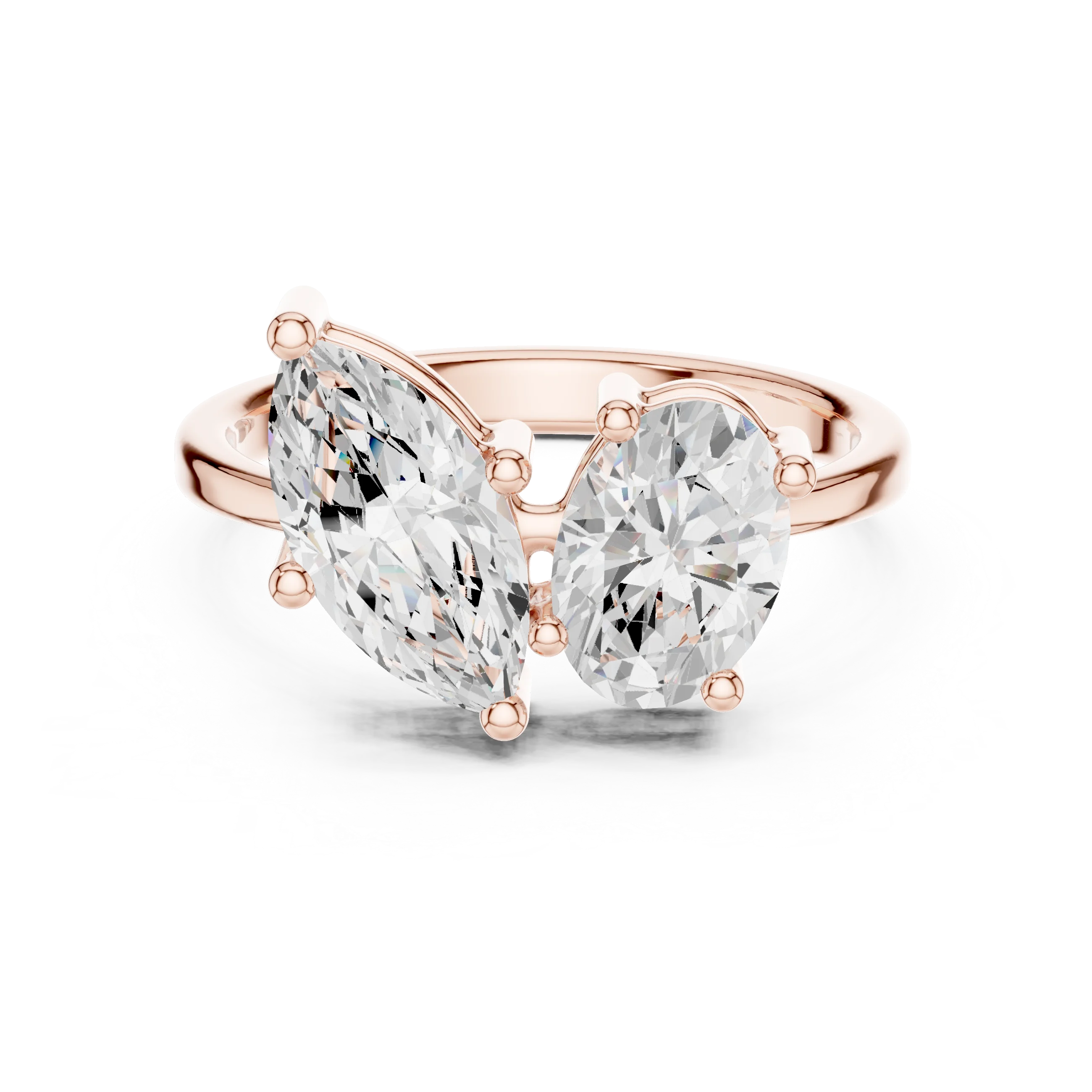 Toi et Moi ring with marquise and oval lab-grown diamonds in rose gold with modern romantic finish