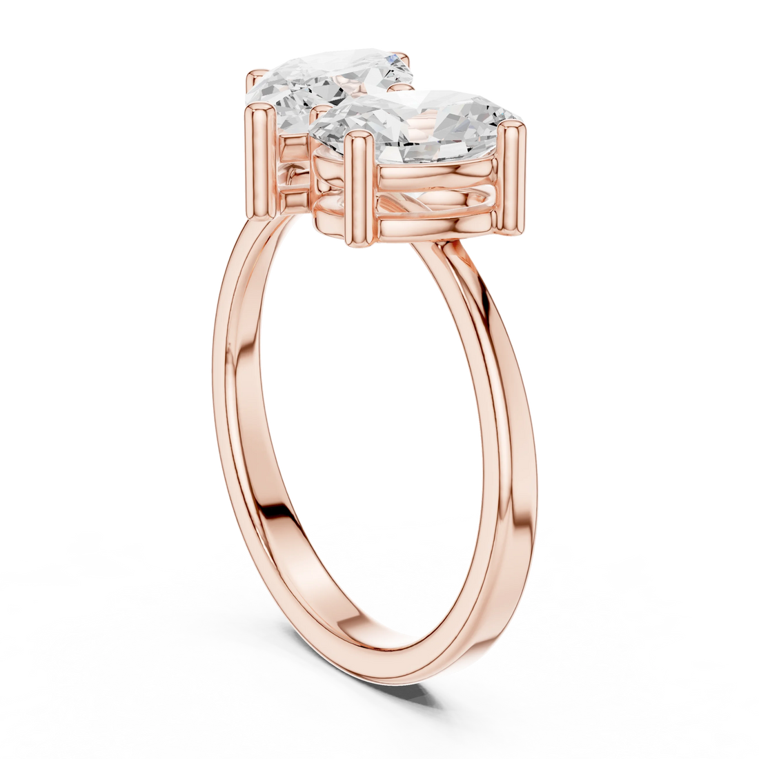 Back view of rose gold Toi et Moi ring with marquise and oval lab-grown diamonds and polished band