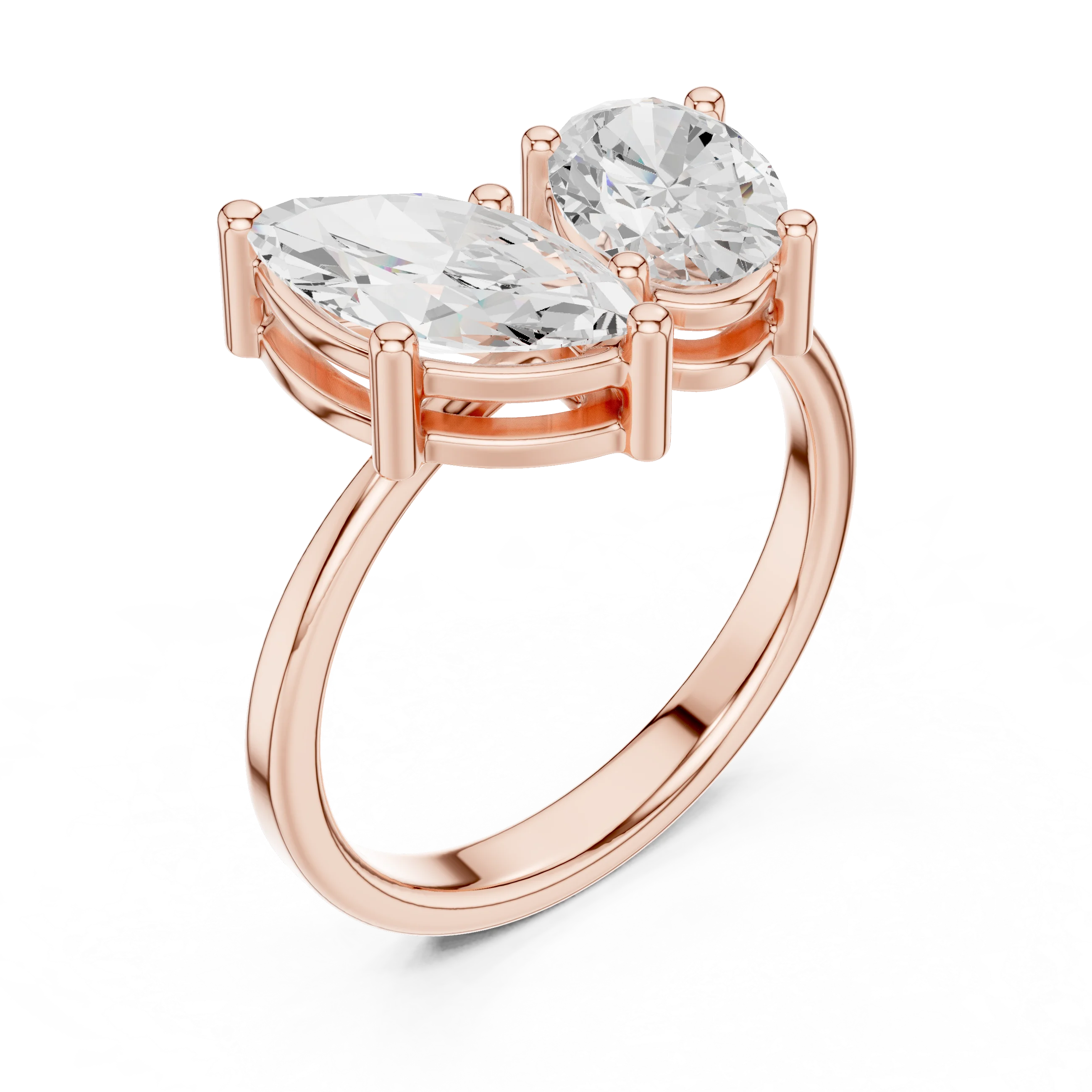 Front view of rose gold Toi et Moi ring featuring marquise and oval lab-grown diamonds