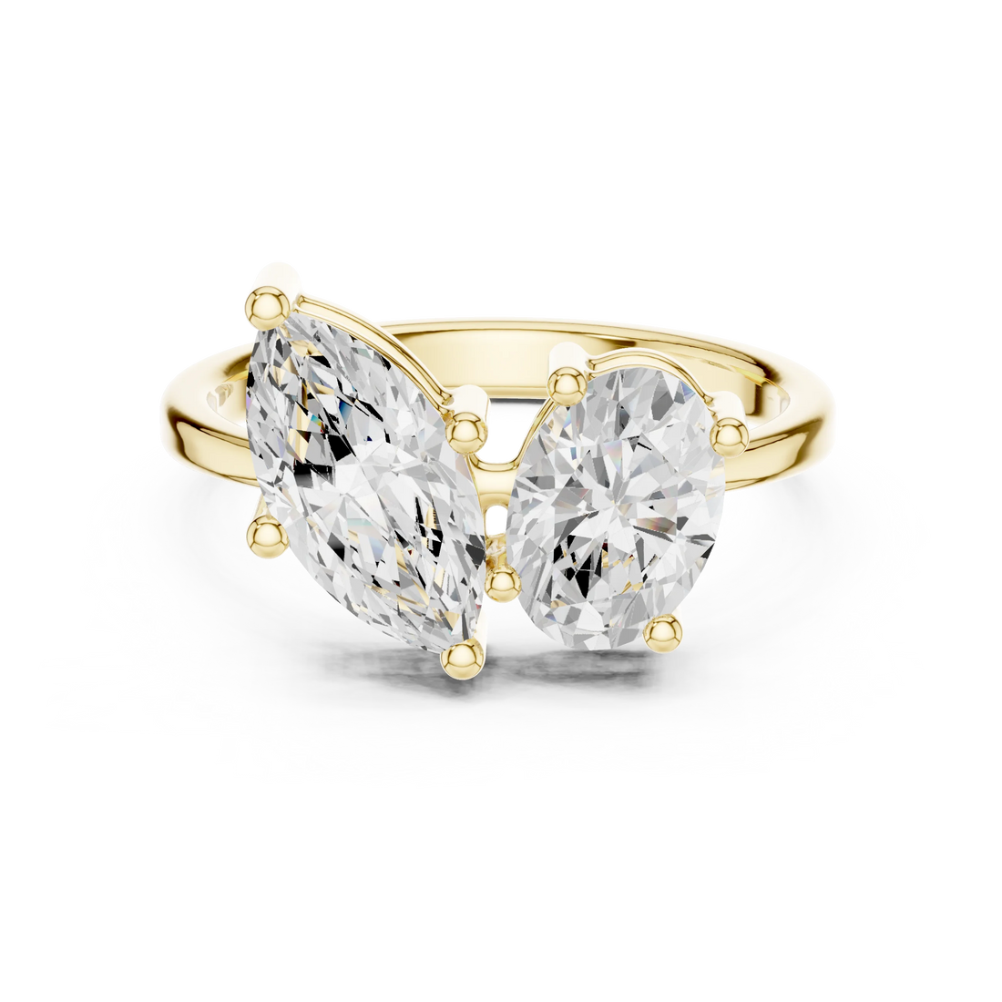 Toi et Moi ring with marquise and oval lab-grown diamonds in yellow gold with classic luxury appeal