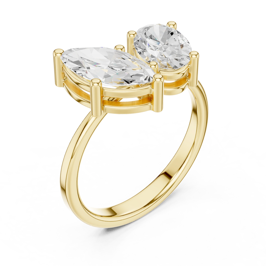 Front view of yellow gold Toi et Moi ring showcasing marquise and oval lab-grown diamonds