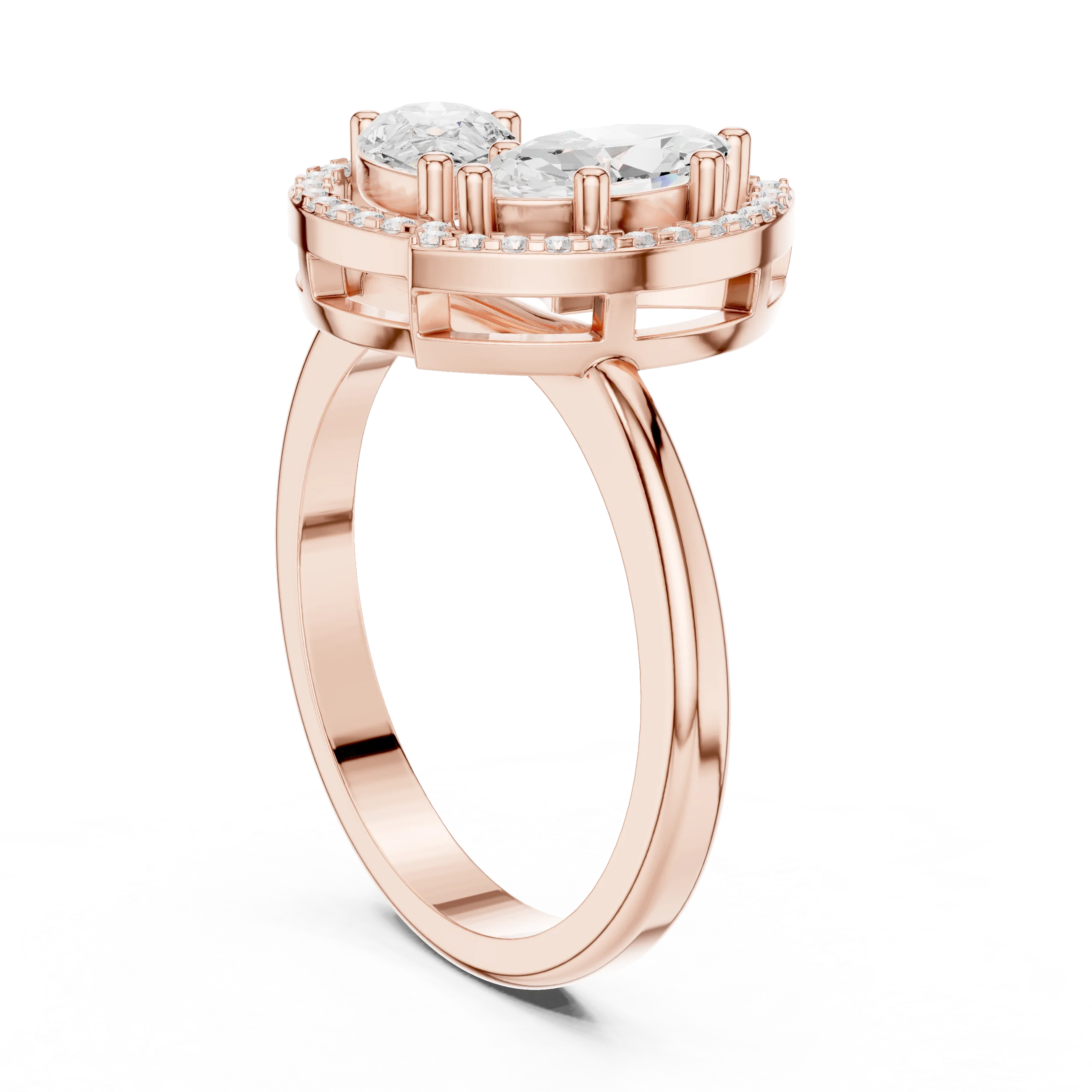 Back view of rose gold Toi et Moi ring with marquise and pear lab-grown diamonds and split shank band