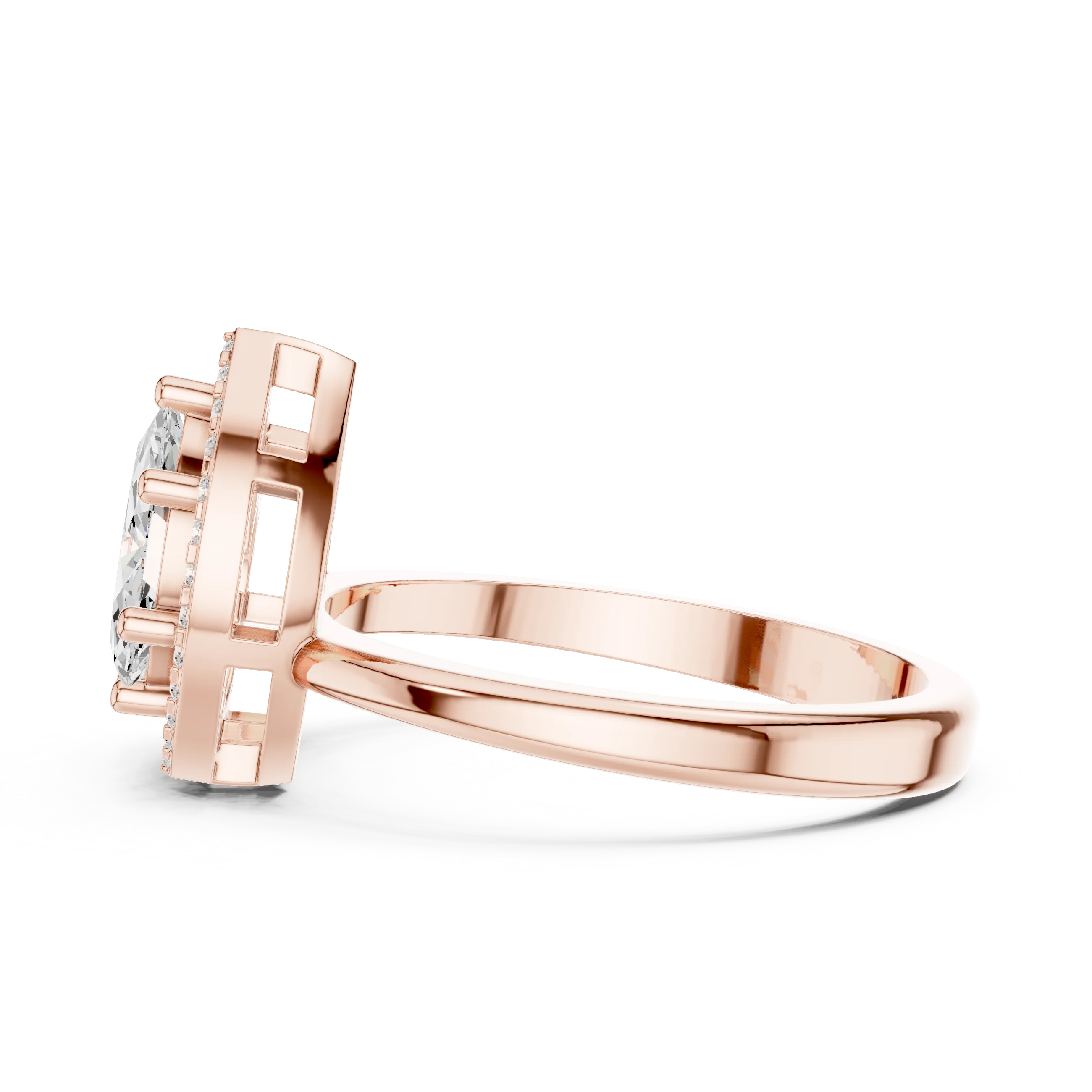 Side view of rose gold Toi et Moi ring highlighting marquise and pear diamonds with pavé halo and split shank