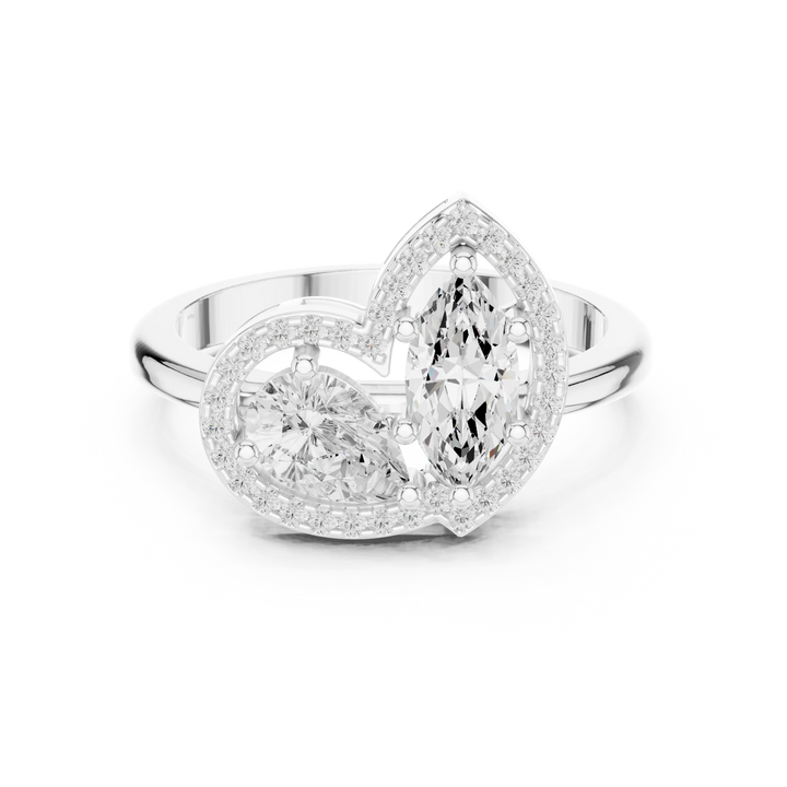 Toi et Moi ring with marquise and pear lab-grown diamonds, shared pavé halo and split shank in white gold, Australia collection