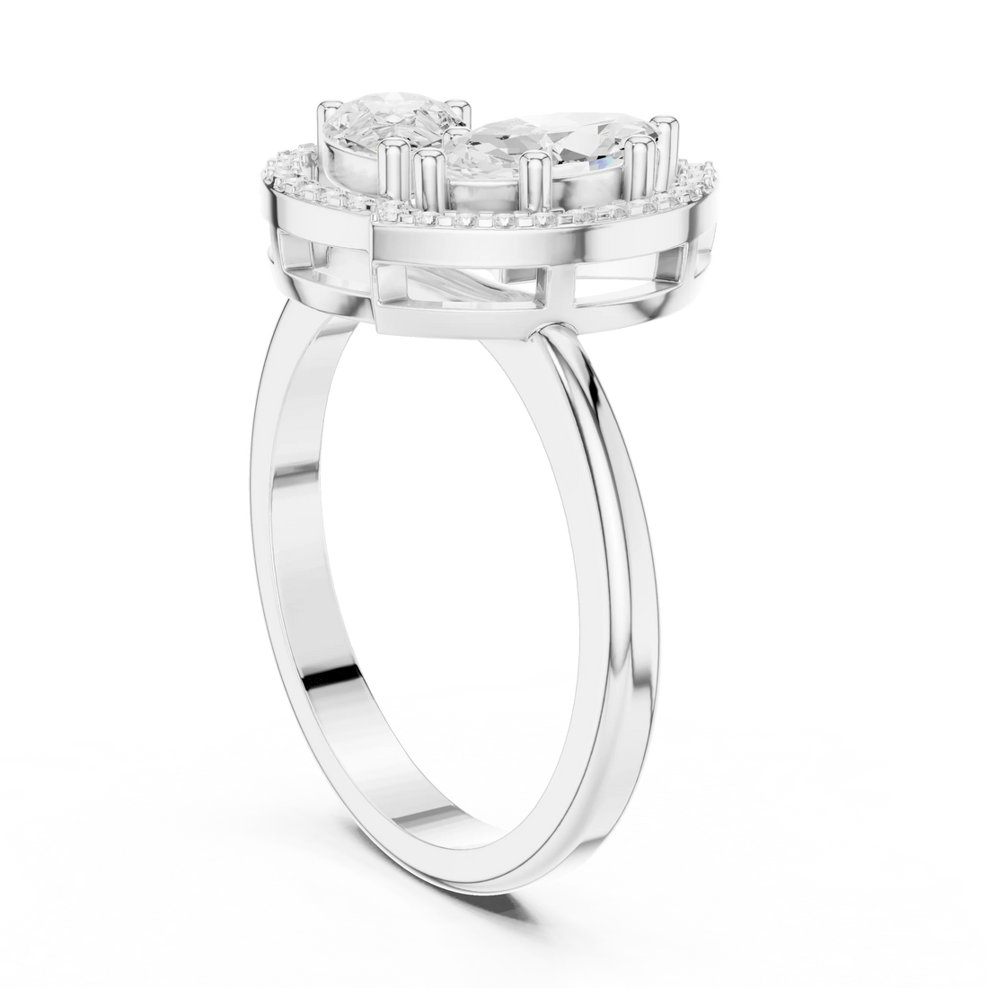 Back view of Toi et Moi ring in white gold featuring marquise and pear lab-grown diamonds with pavé halo and split band