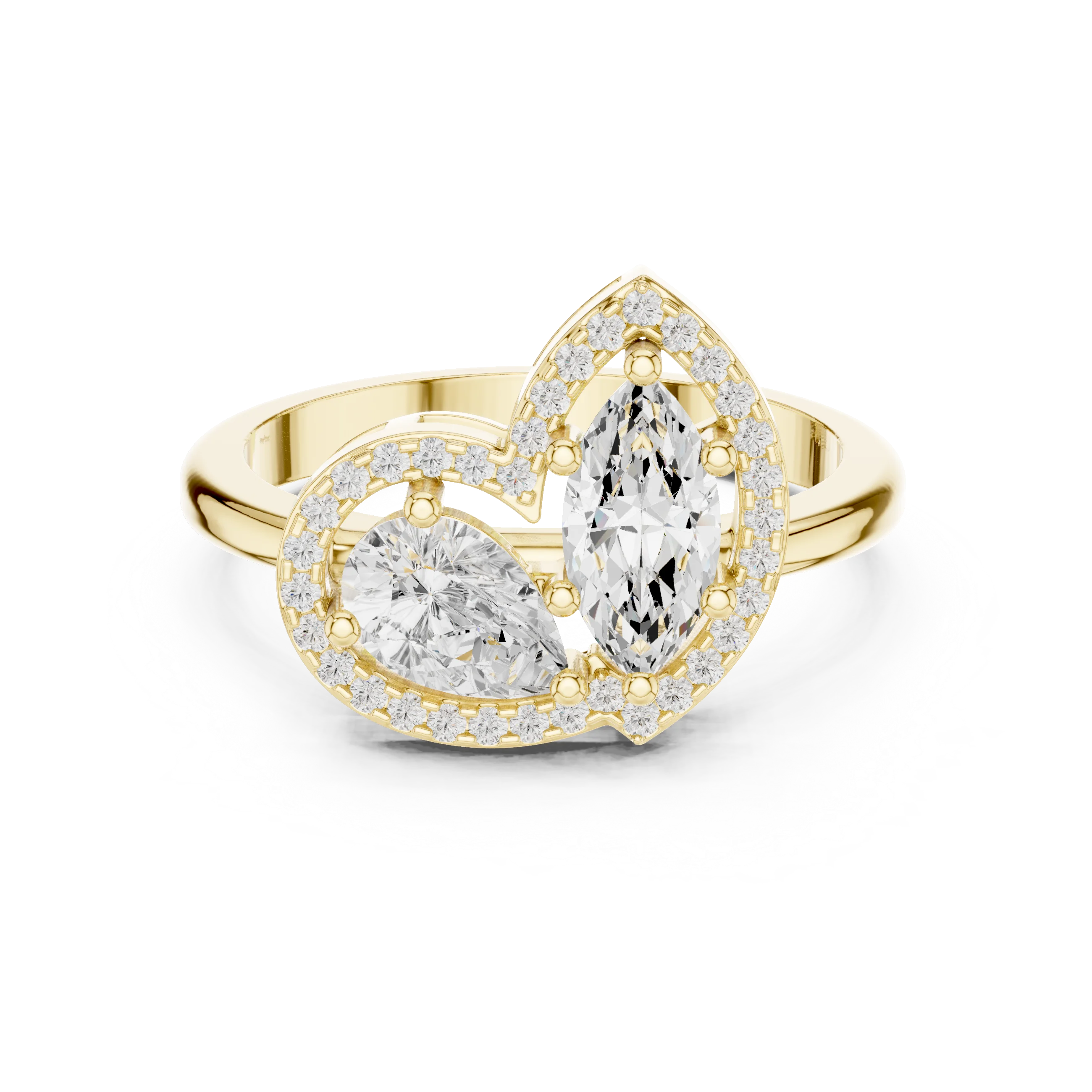 Toi et Moi ring with marquise and pear lab-grown diamonds, pavé halo and split shank in yellow gold with luxurious appeal