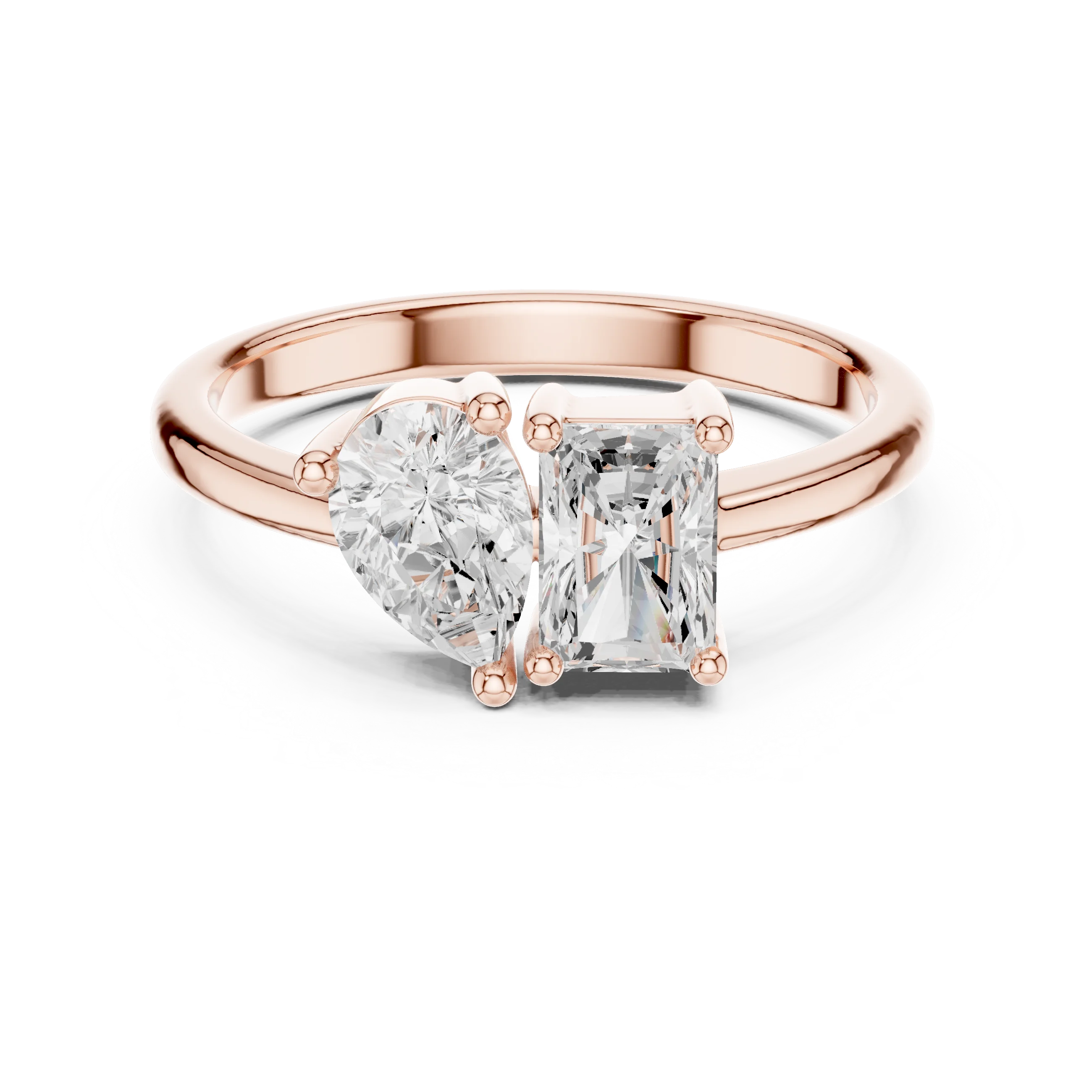 Toi et Moi ring with pear and radiant lab-grown diamonds in rose gold with modern romantic finish