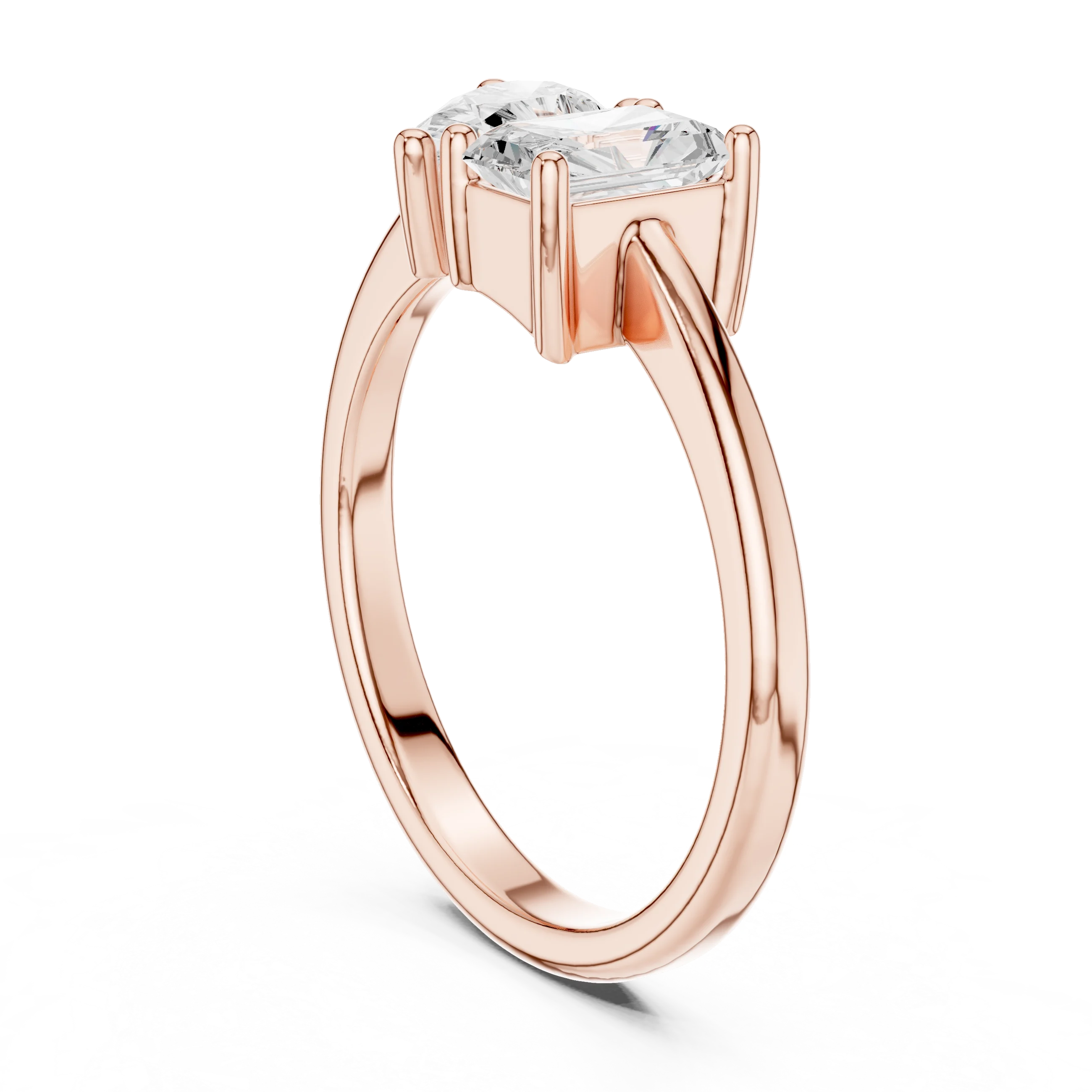 Back view of rose gold Toi et Moi ring with pear and radiant lab-grown diamonds and polished band