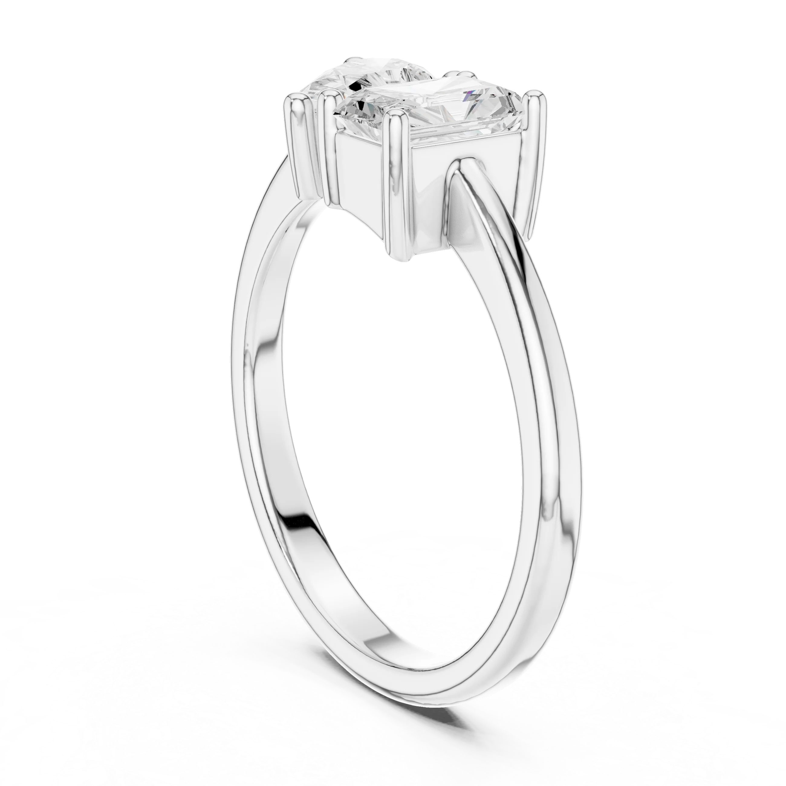 Back view of Toi et Moi ring in white gold with pear and radiant lab-grown diamonds and polished band