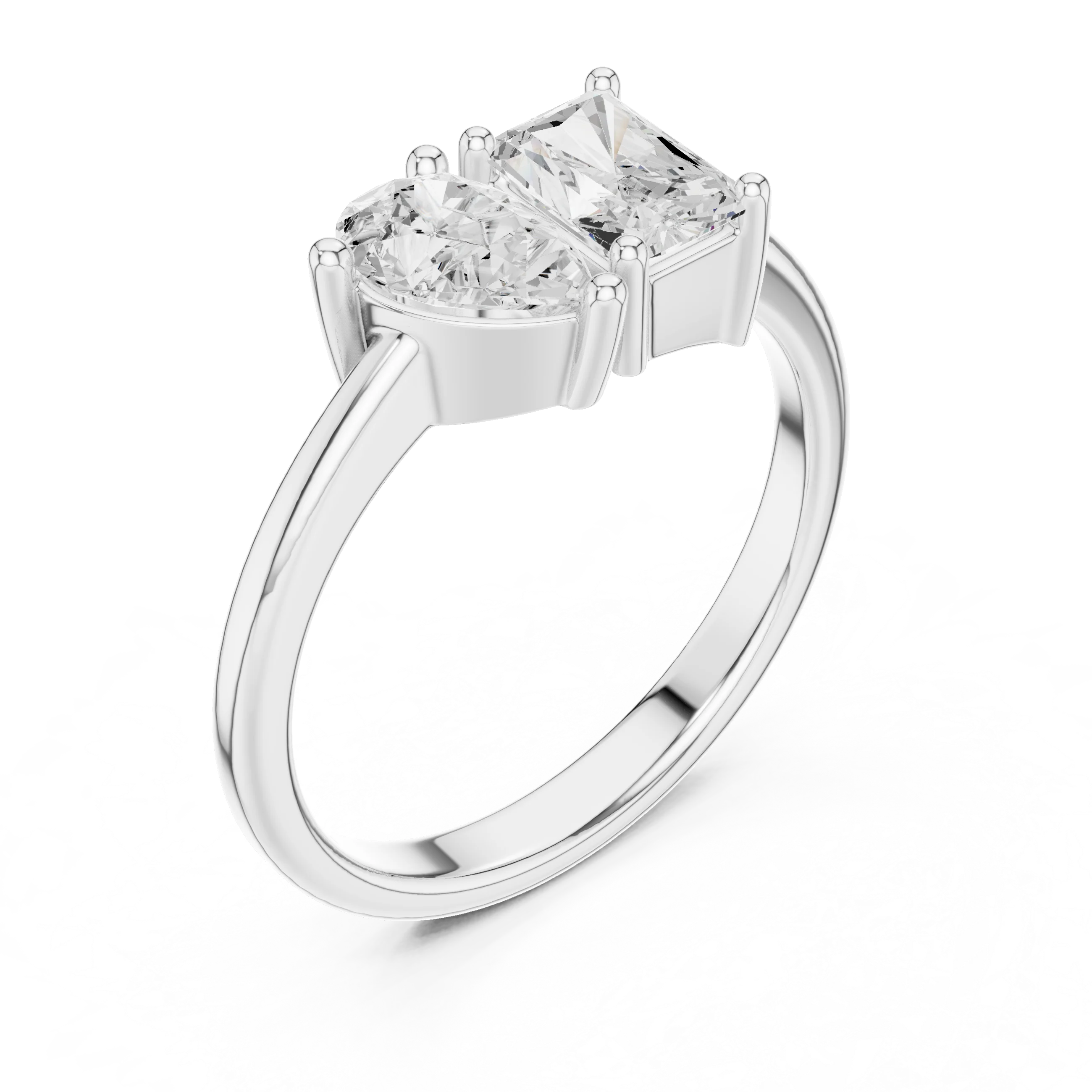Front view of white gold Toi et Moi ring featuring pear and radiant lab-grown diamonds