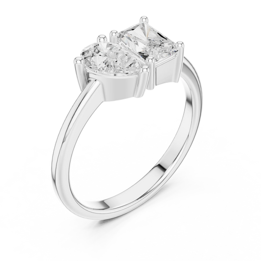 Front view of white gold Toi et Moi ring featuring pear and radiant lab-grown diamonds