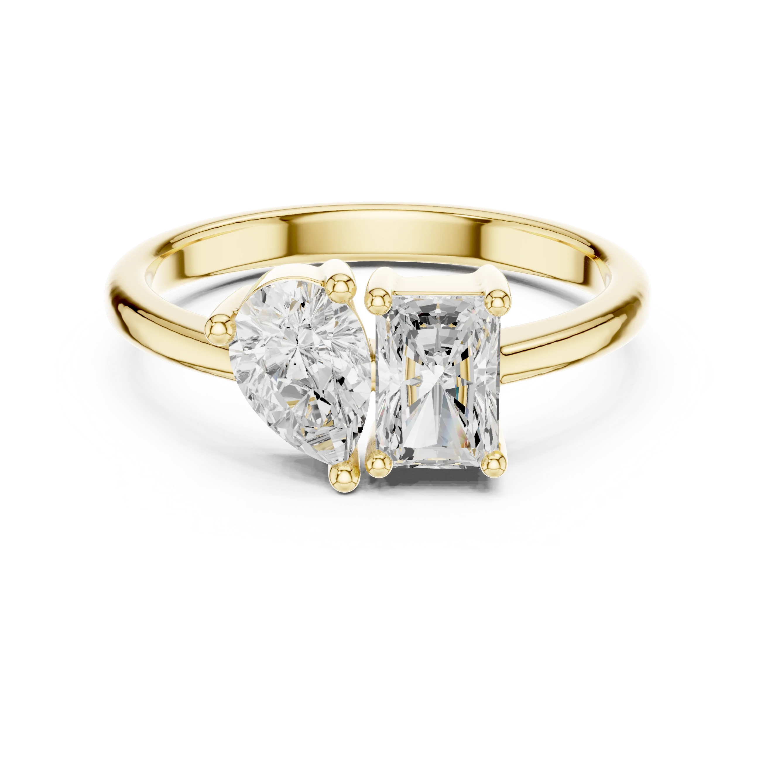 Toi et Moi ring with pear and radiant lab-grown diamonds in yellow gold with classic luxury appeal