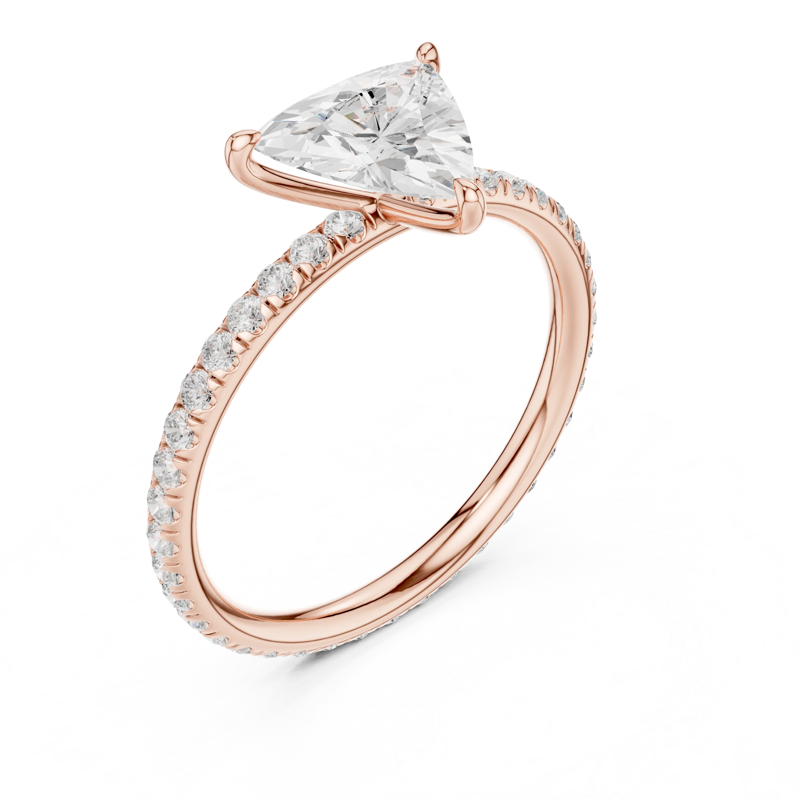 Front view of rose gold trillion cut solitaire ring with thin pavé diamond band and center stone