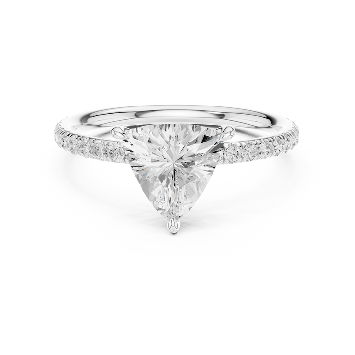 Lab-grown trillion cut solitaire ring in white gold with thin pavé diamond band