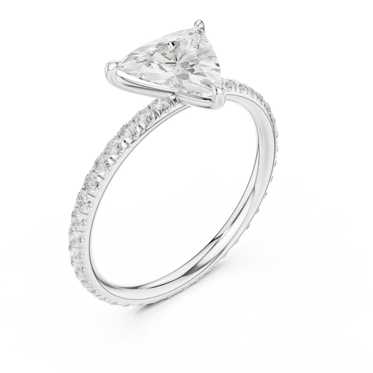 Front view of white gold trillion cut solitaire ring with thin pavé diamond band and center stone