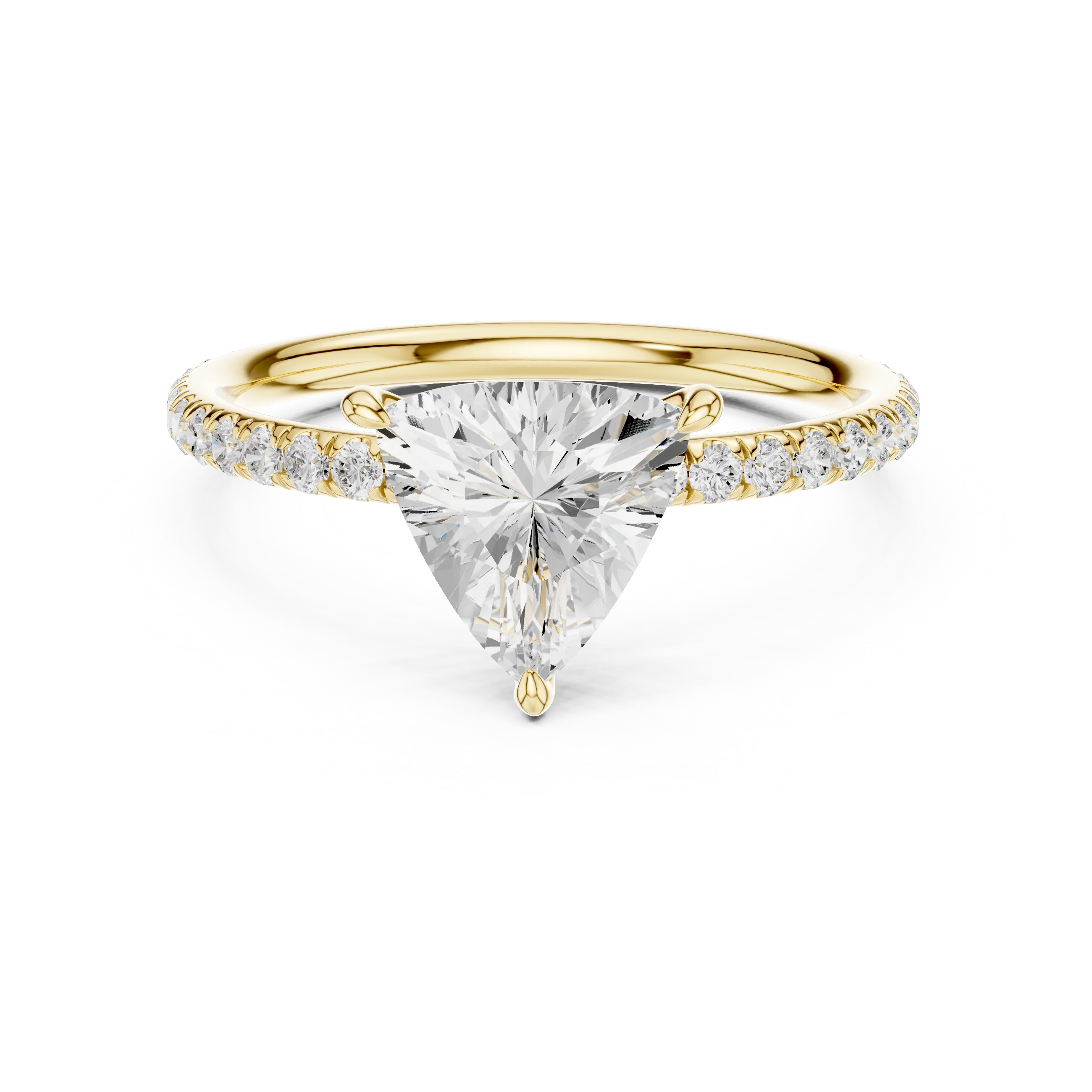 Lab-grown trillion cut solitaire ring in yellow gold with thin pavé diamond band