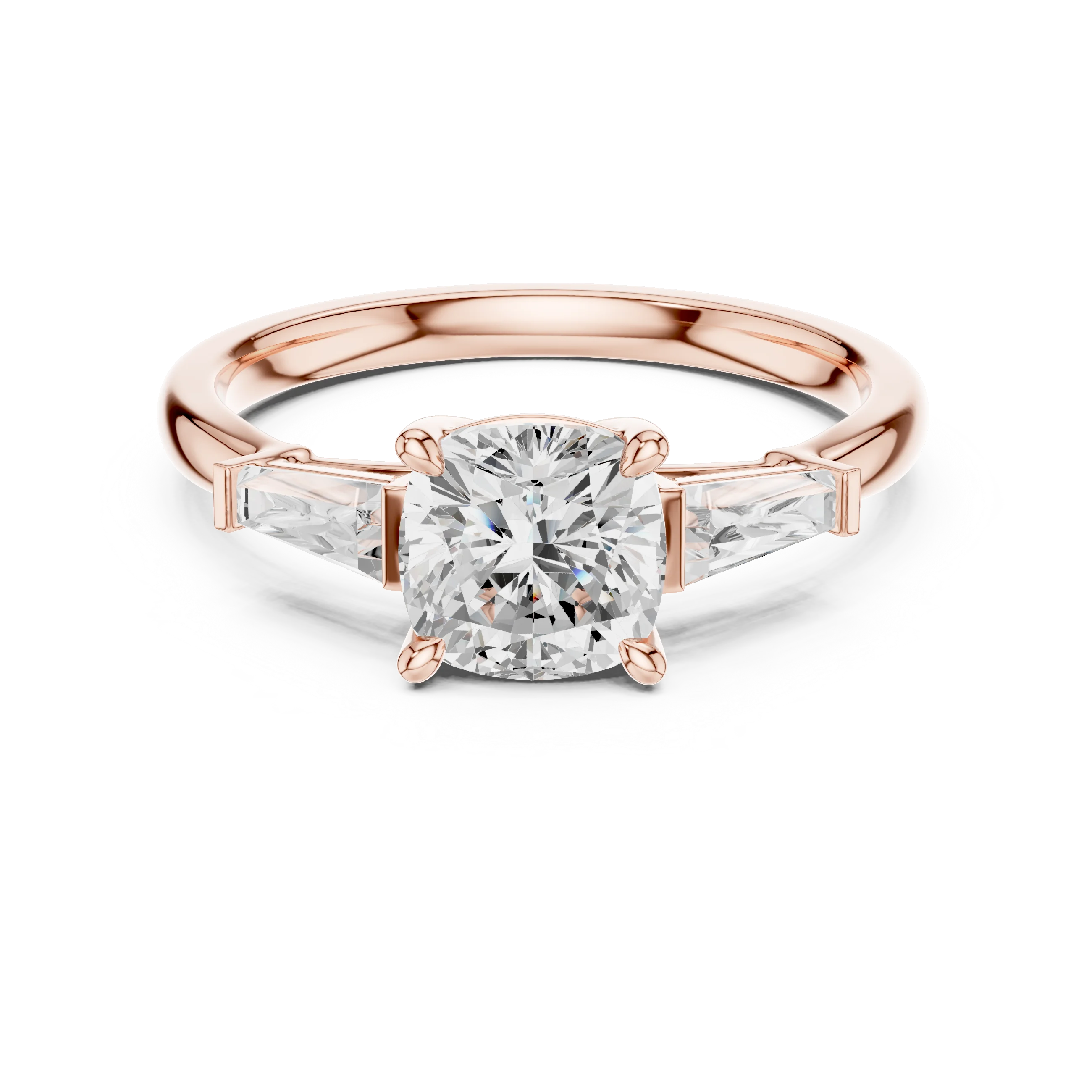 Lab-grown cushion cut diamond trinity ring in rose gold with three-stone design