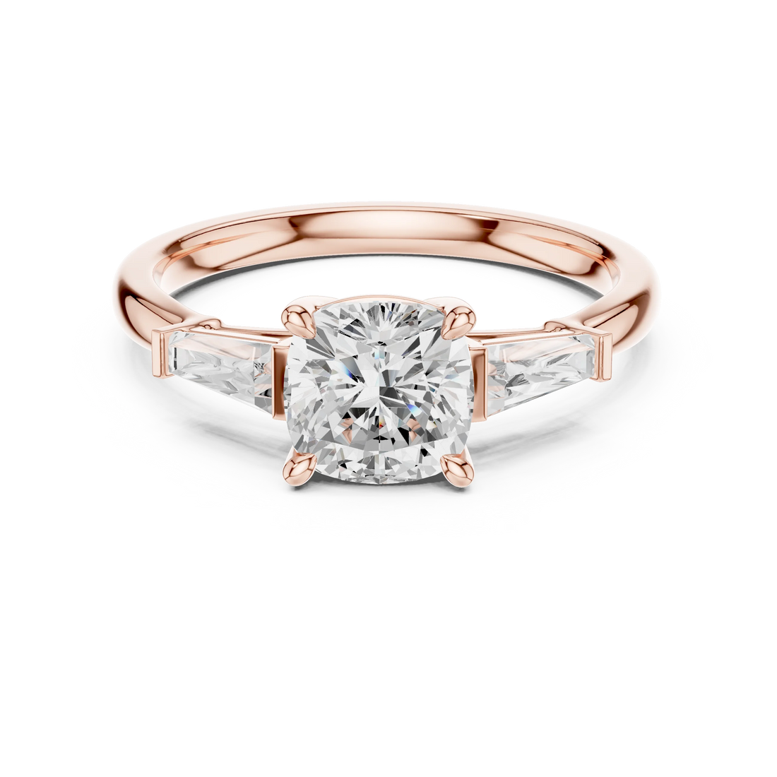 Lab-grown cushion cut diamond trinity ring in rose gold with three-stone design