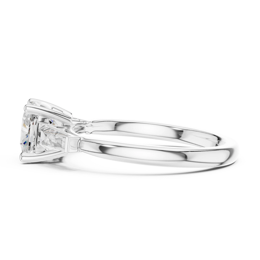 Side view of white gold cushion cut diamond trinity ring with three-stone setting