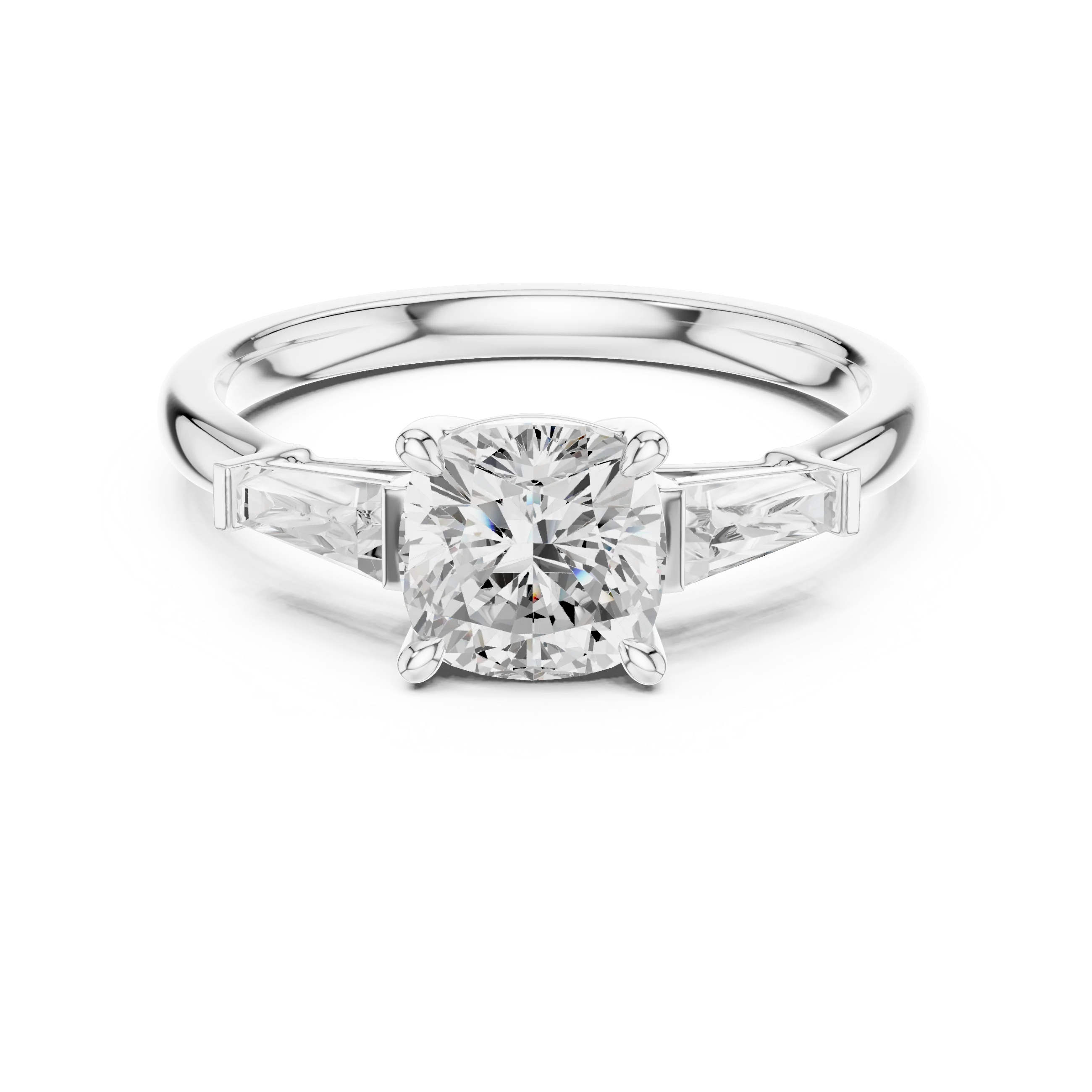 Lab-grown cushion cut diamond trinity ring in white gold with glowing three-stone design