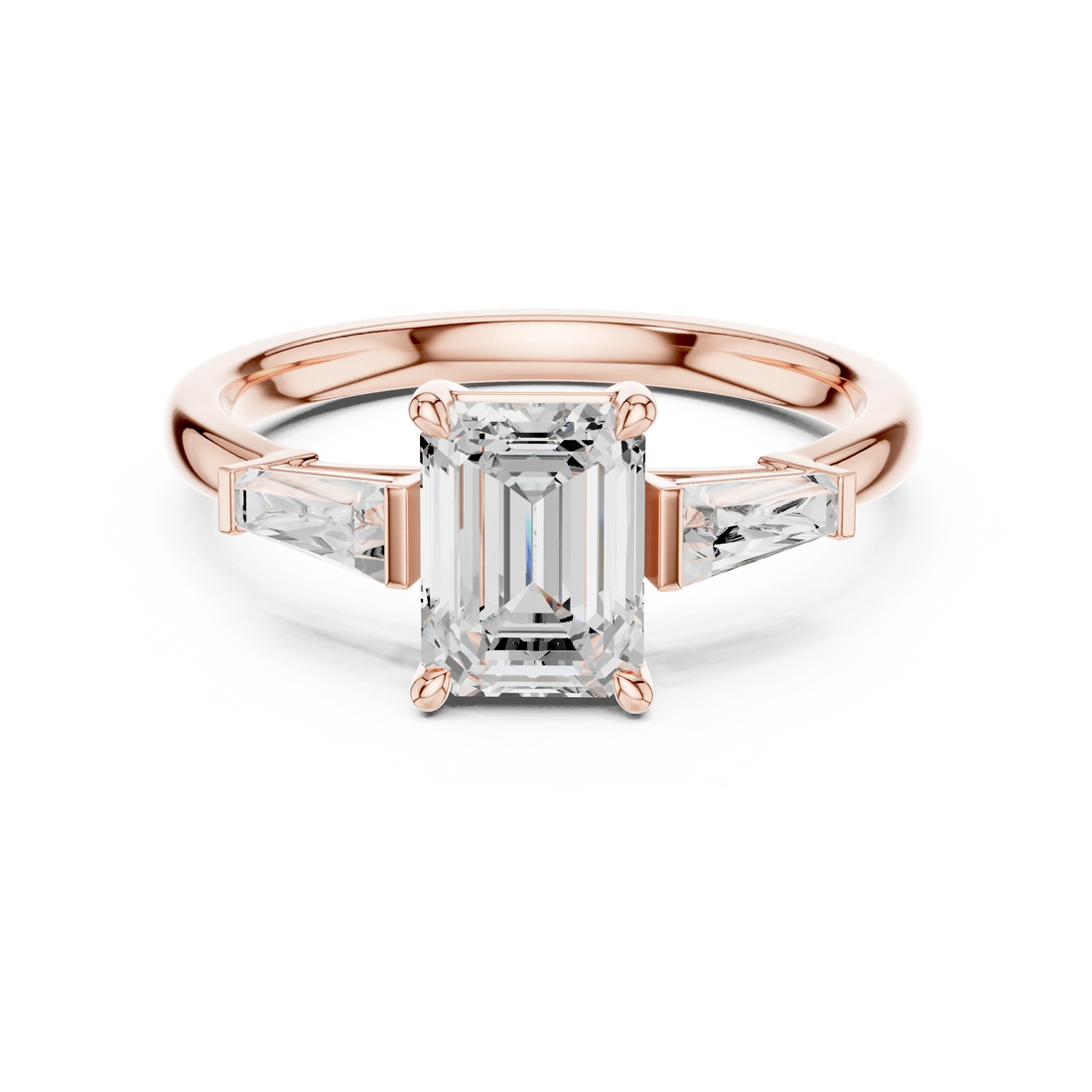 Lab-grown emerald center stone luxe trinity ring with diamond side stones in rose gold