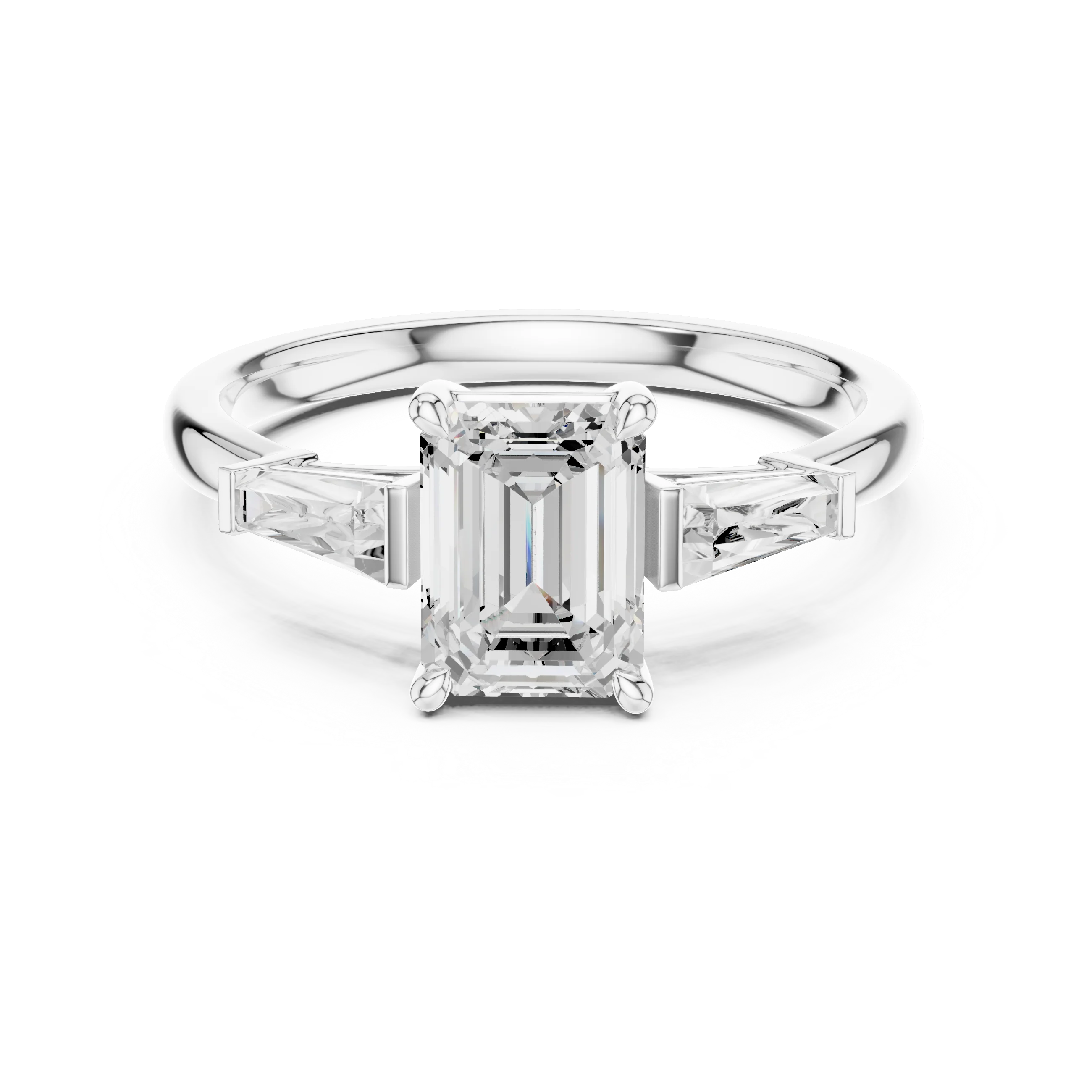 white gold luxe trinity ring with emerald center stone and diamond side stones